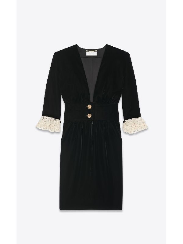 Saint Laurent Paris o1b1hav110525 703780 V-Neck Midi Dress in Cupro Velvet Black Size XS / US 0-2 / IT 36-38 - 1 Thumbnail