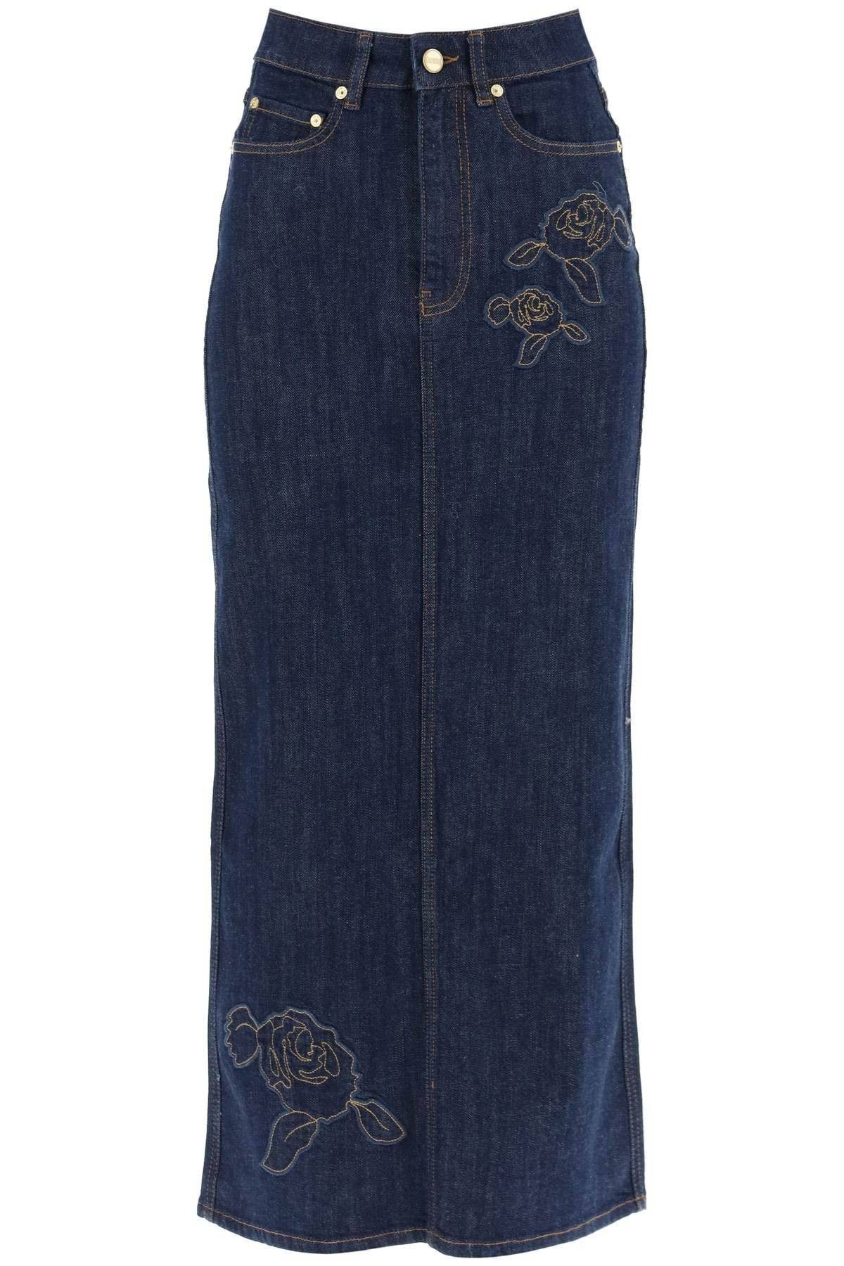 image of Ganni Maxi Denim Skirt With Pink Embroidery Size Eu 38 For Women in Blue
