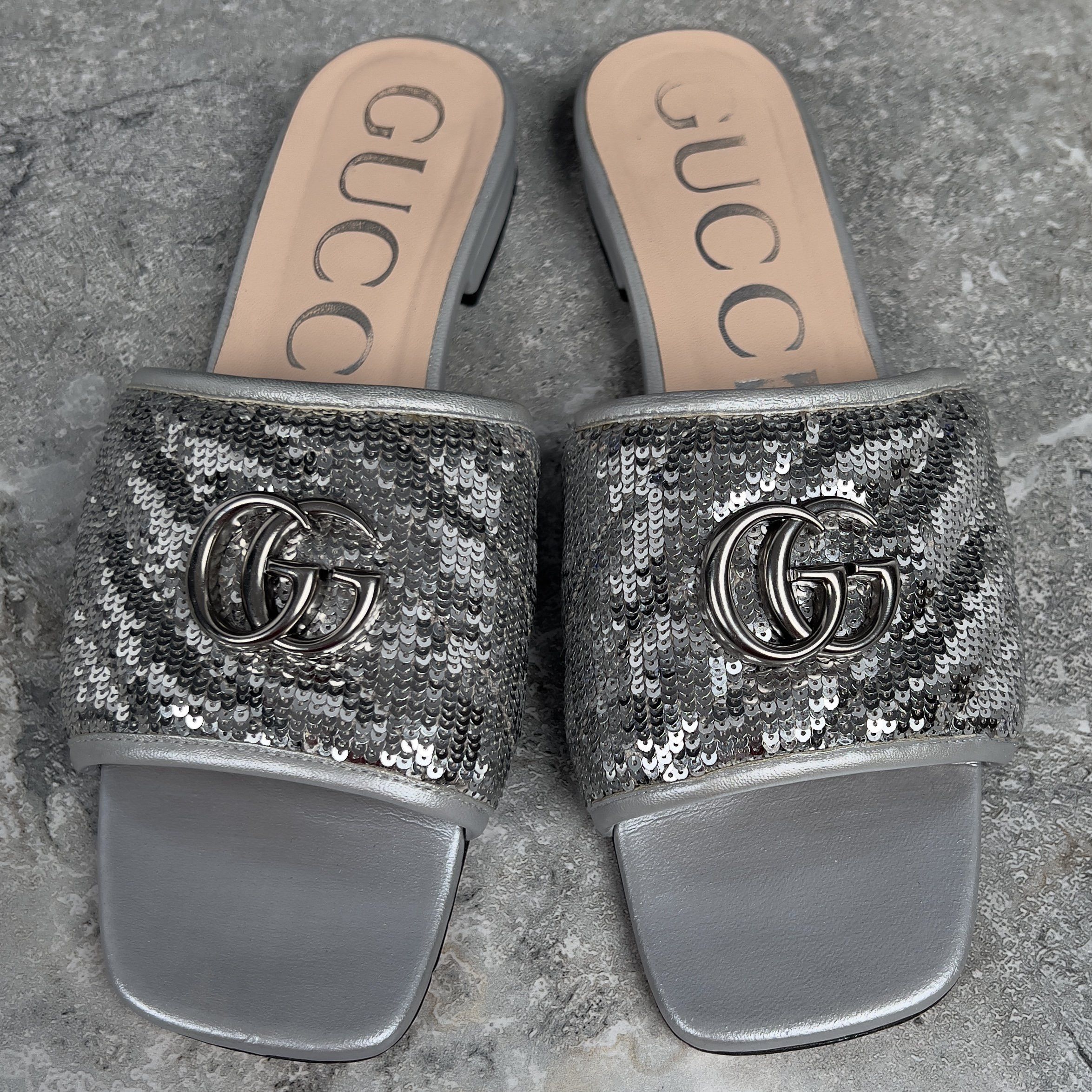 Gucci Marmont GG Slide Sandals Mule Silver Leather Sequin Size US 9 / IT 39 - 3 Thumbnail