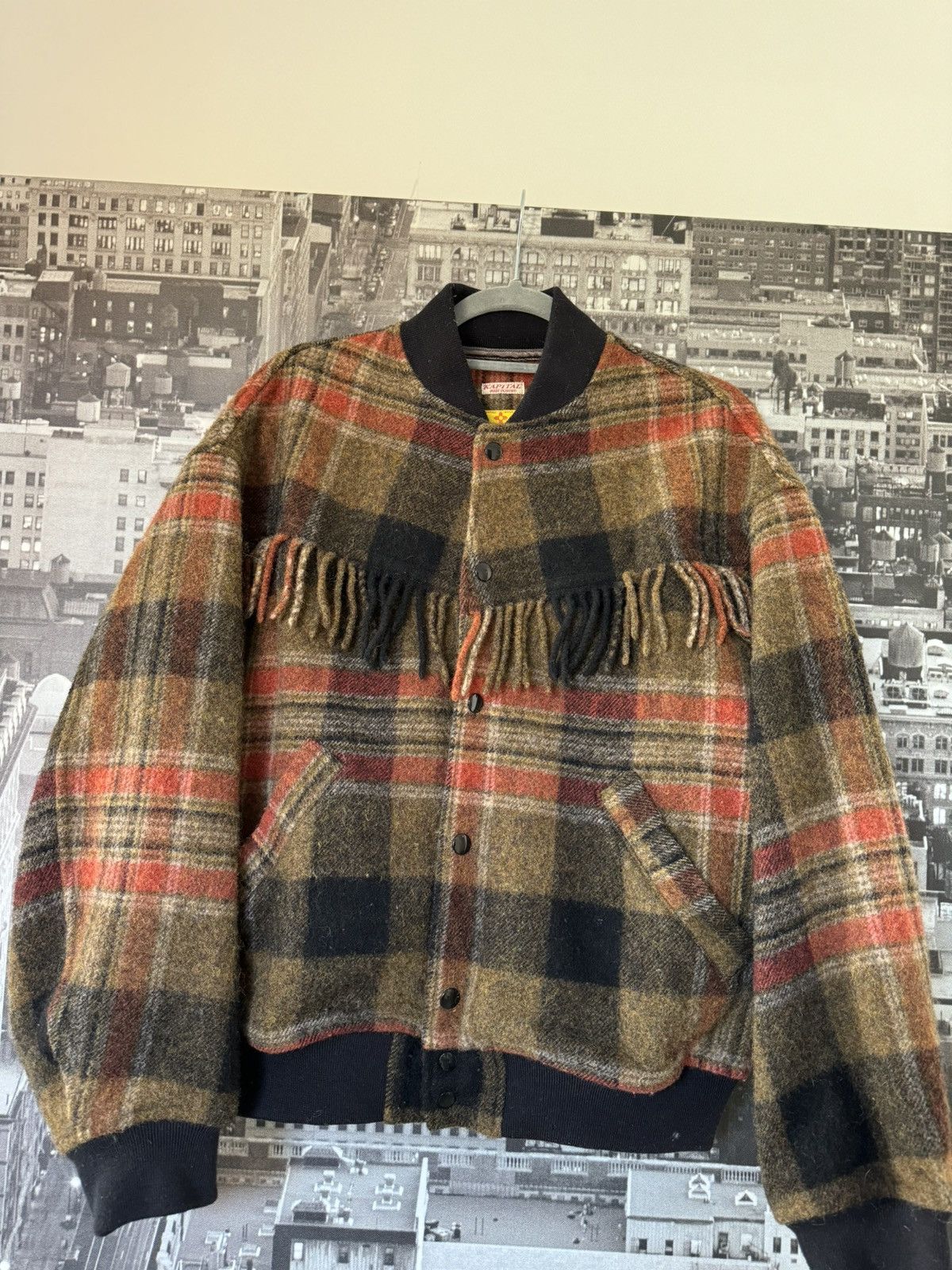 image of Kapital Check Fringe Bomber Jacket in Plaid, Men's (Size Medium)
