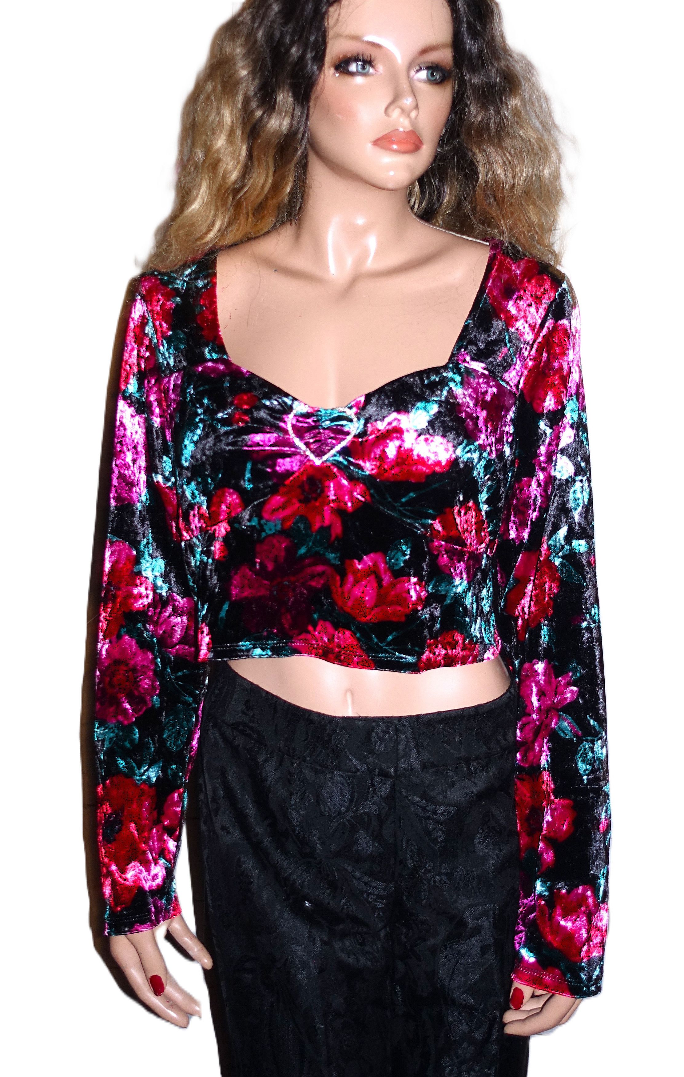 Madden NYC Madden NYC Red Floral Velvet Cropped Blouse XXL Size XXL / US 16-18 / IT 52-54 - 2 Thumbnail