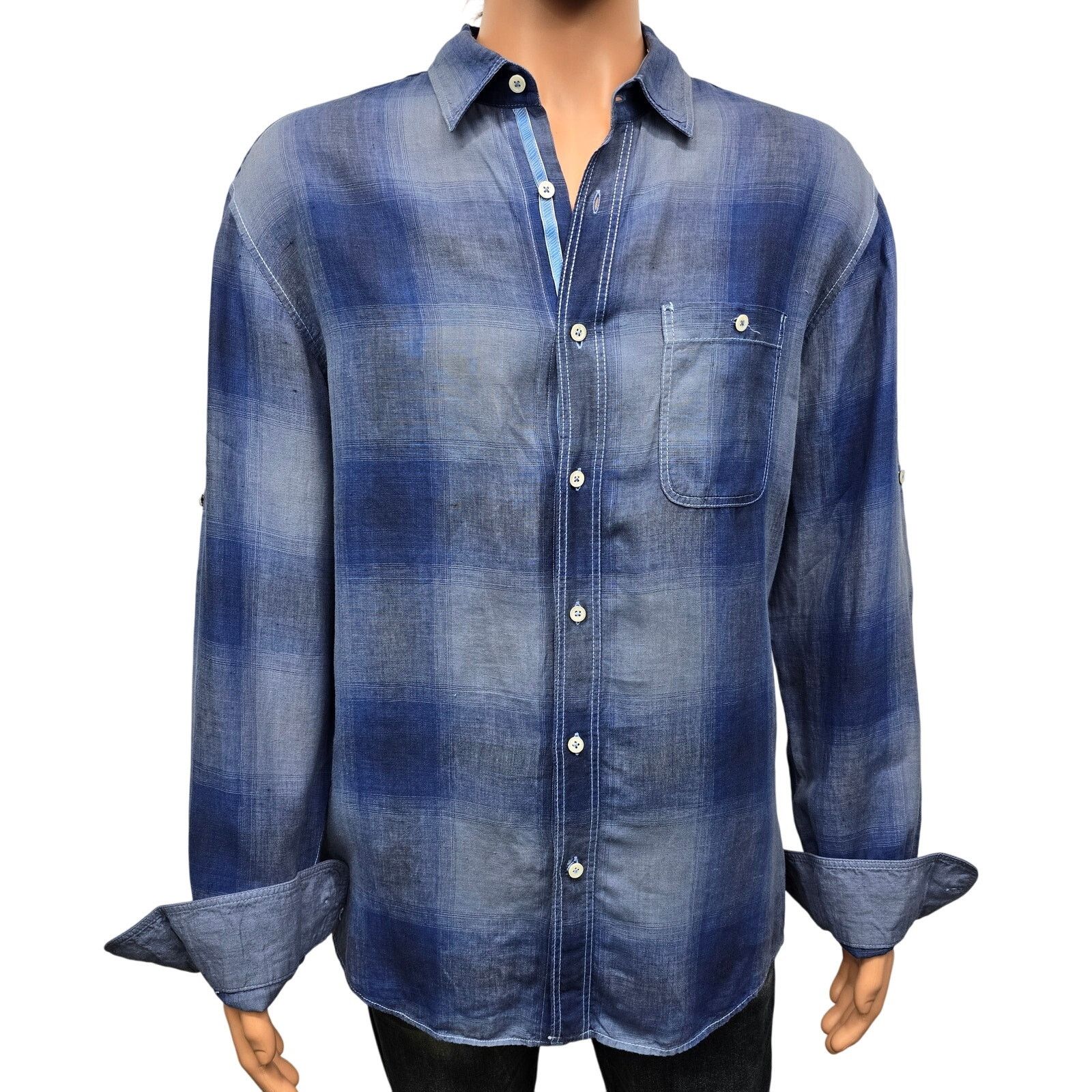BUGATCHI Bugatchi Uomo Linen Shirt L Shaped Fit Ombre Plaid Roll tab Size US L / EU 52-54 / 3 - 3 Thumbnail