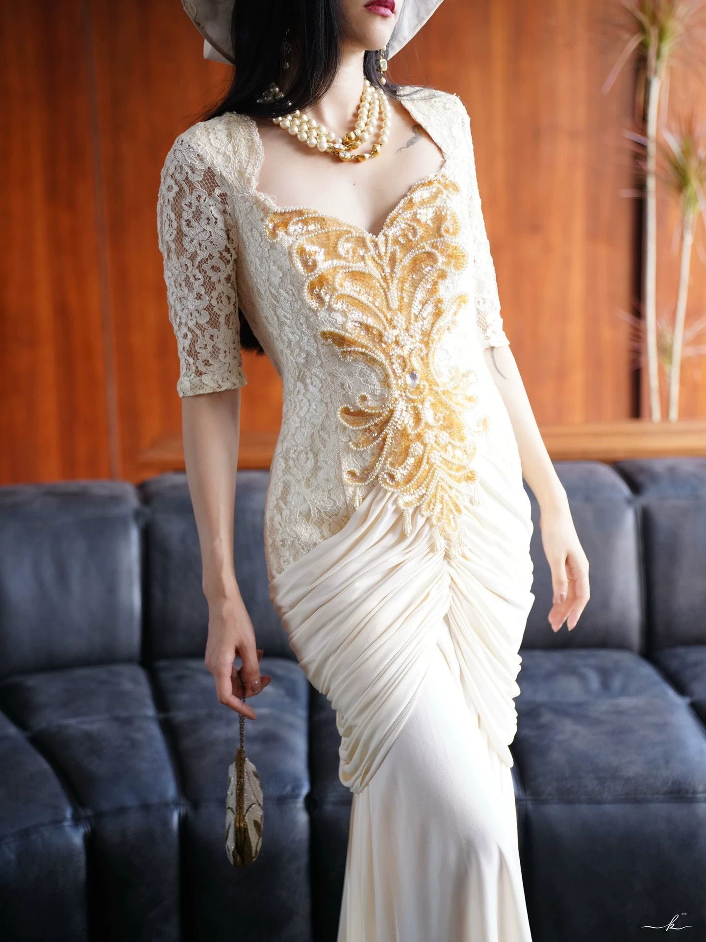 Vintage USA Vintage Cream Beaded Lace Bodycon Dress w/Shoulder Pads L Size L / US 10 / IT 46 - 9 Thumbnail