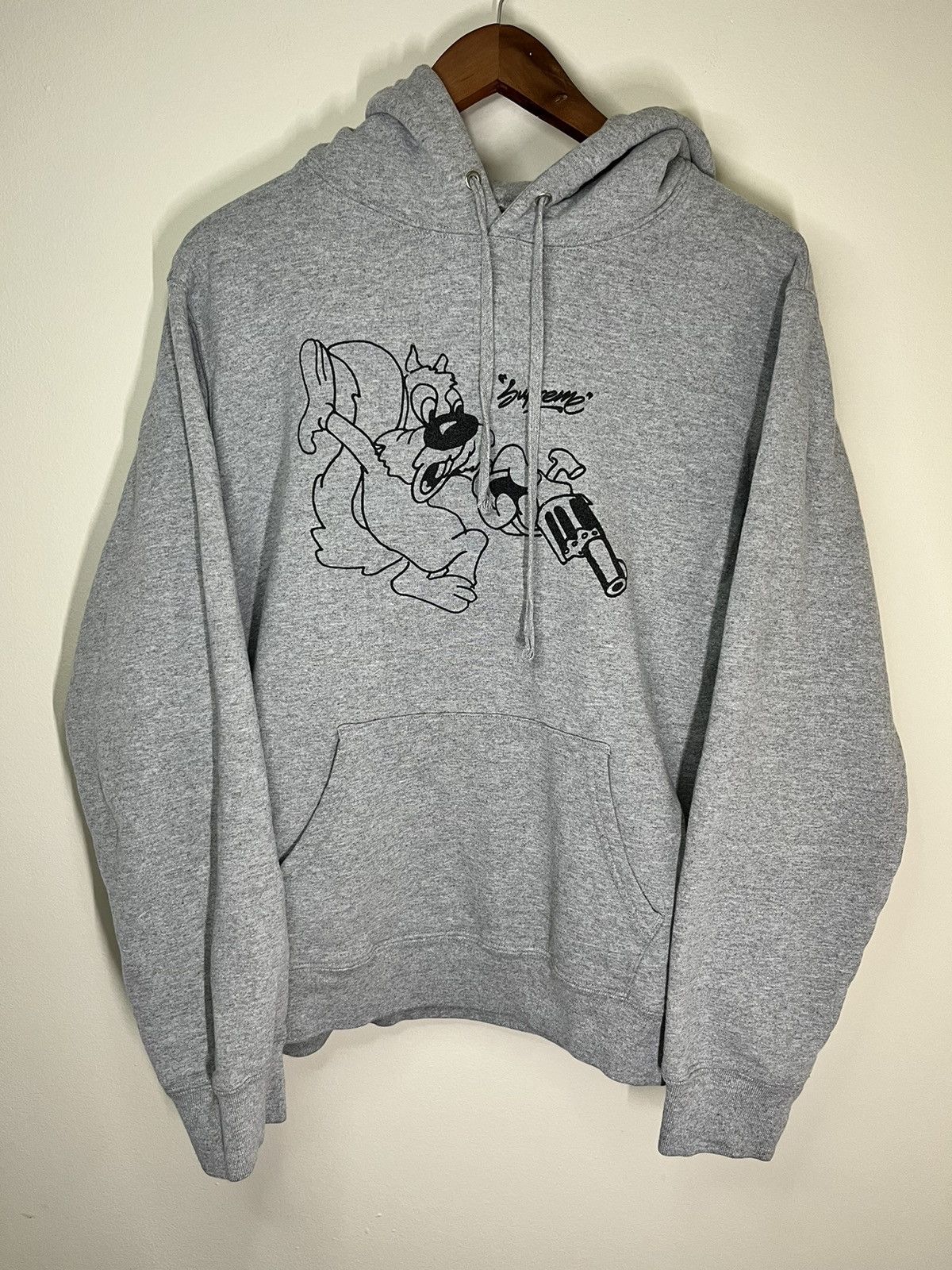 image of Crazy Supreme Lee Quinones Squirrel Gun Graphic Hoodie in Grey, Men's (Size Medium)