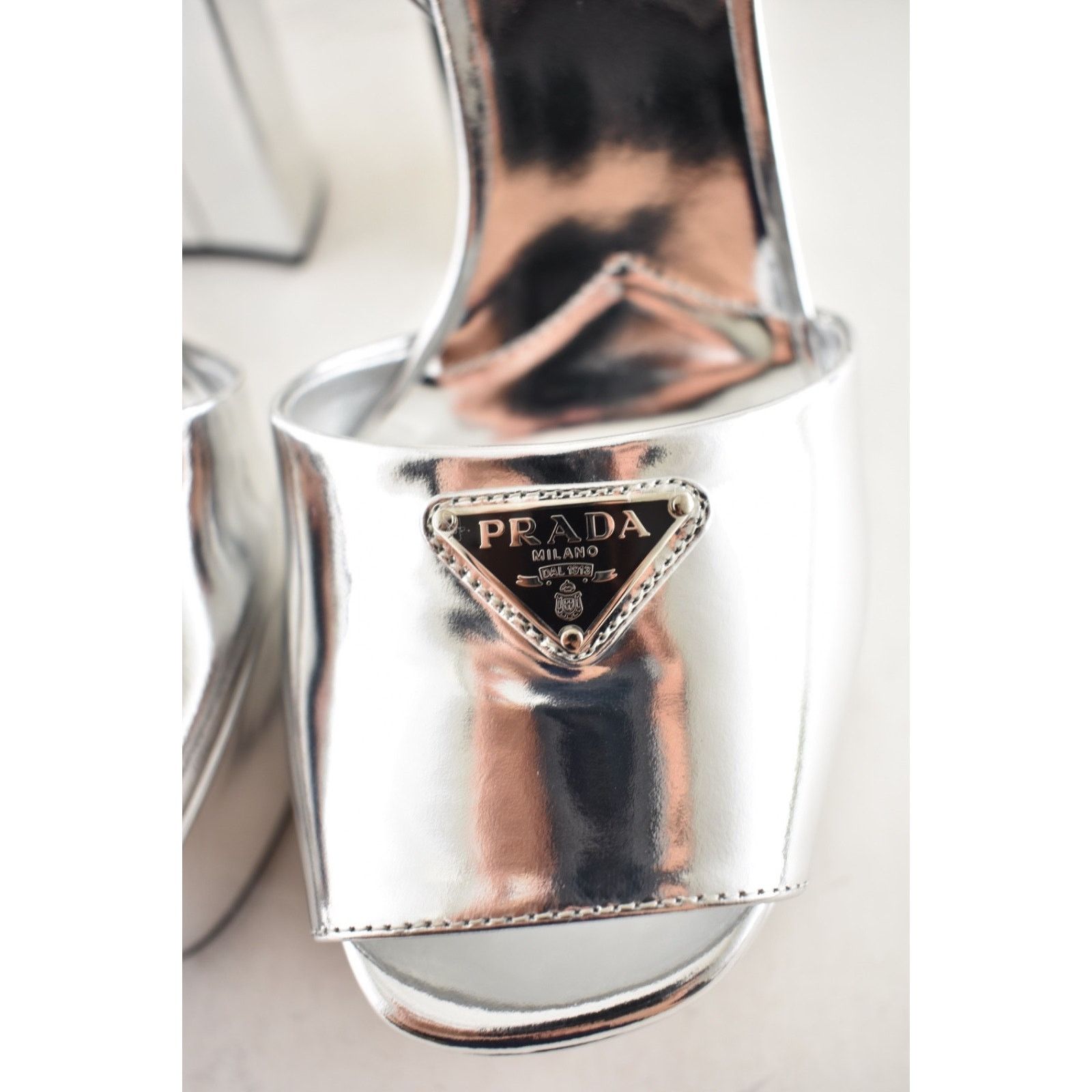 Prada Prada 135mm Metallic Silver Logo Platform Sandal Size US 10 / IT 40 - 12 Thumbnail