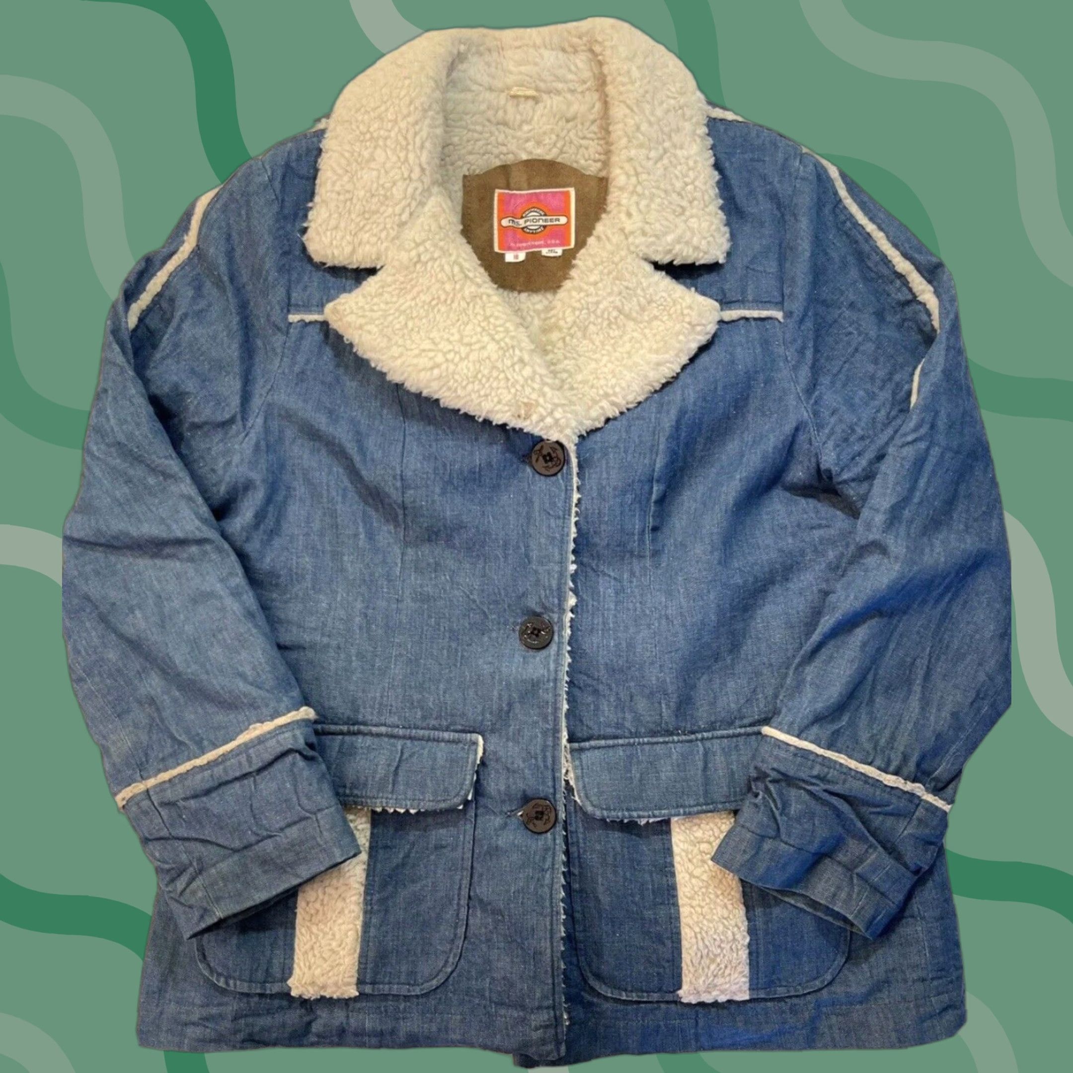 Lee VINTAGE Ms. Pioneer Denim Western Coat Long Lined Sherpa Polyester Cotton Blue Denim Women’s 70s Jacket XL Reg Complex Size XXL / US 16-18 / IT 52-54 - 1 Thumbnail