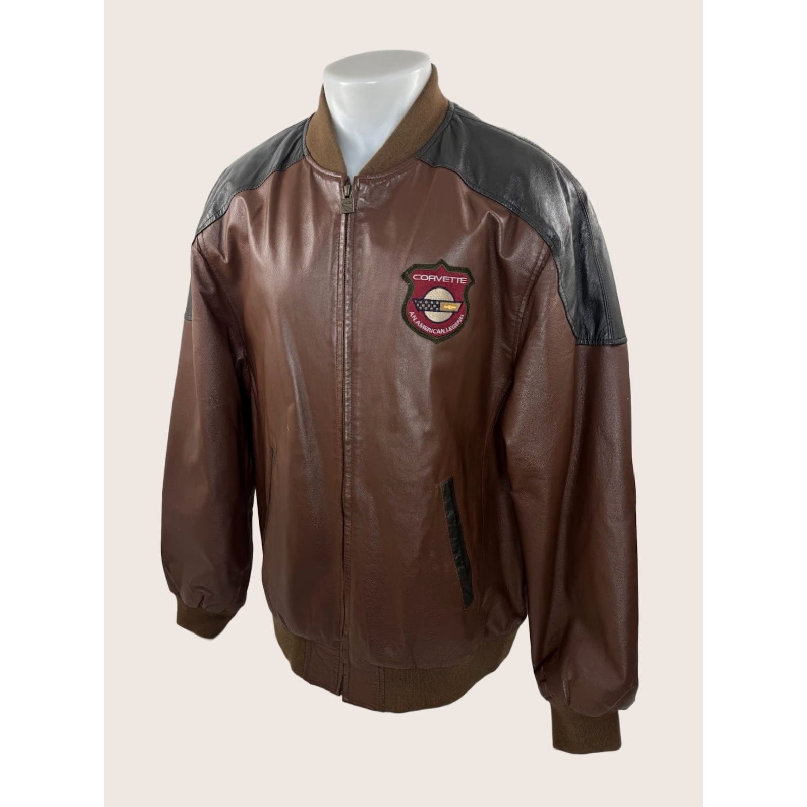 Vintage CORVETTE - The Legend Continues LEATHER Mens XL TALL Bomber Jacket Shirt Jacket Mens XL Brown Leather Bomber Jacket 80s 90s Vintage Mens Size US XL / EU 56 / 4 - 1 Thumbnail