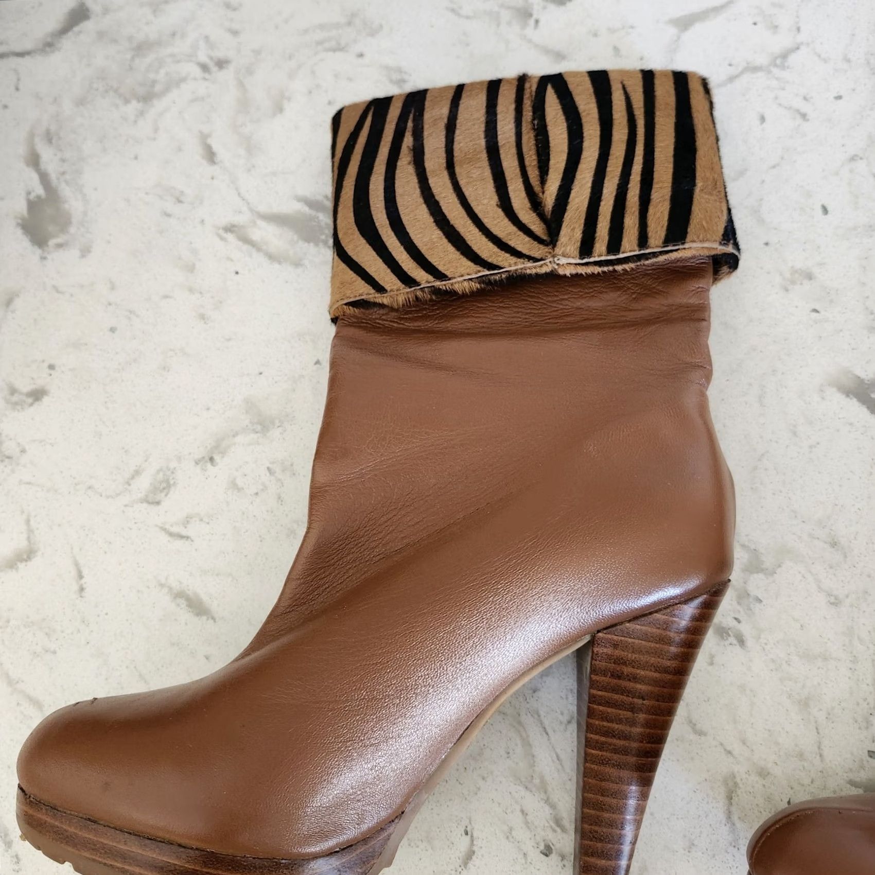 Vintage VINTAGE? Curations Women's Brown Zebra Leather Print Bootie - Size 7M - Leather Upper - Animal Print - Slip On - Heel 3in - Boot, Shoes Size US 8 / IT 38 - 5 Thumbnail