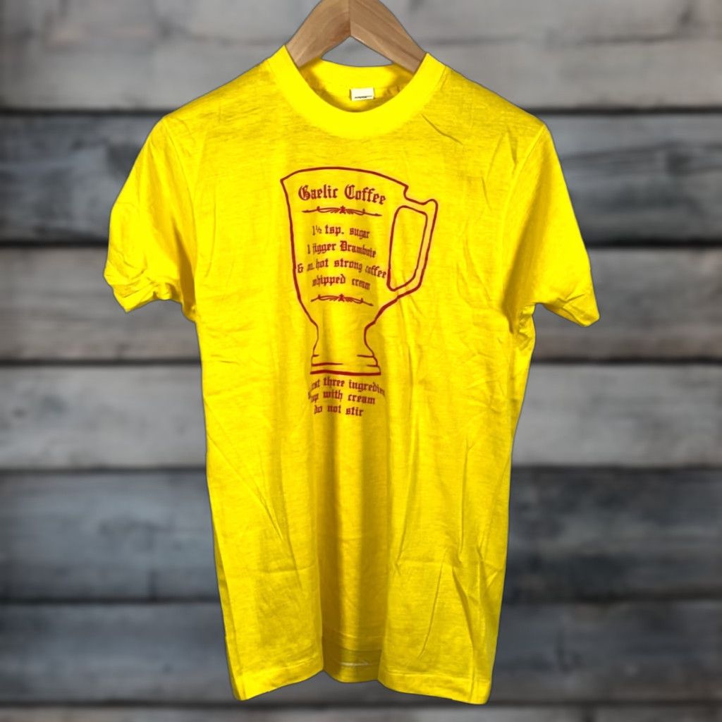 Vintage VINTAGE Screen Stars T-Shirt Graphic Print Gaelic Coffee Yellow XL Small 80s 50/50 Cotton-Polyester Men Short Sleeve Crew Neck Lightweight USA Size US S / EU 44-46 / 1 - 1 Thumbnail