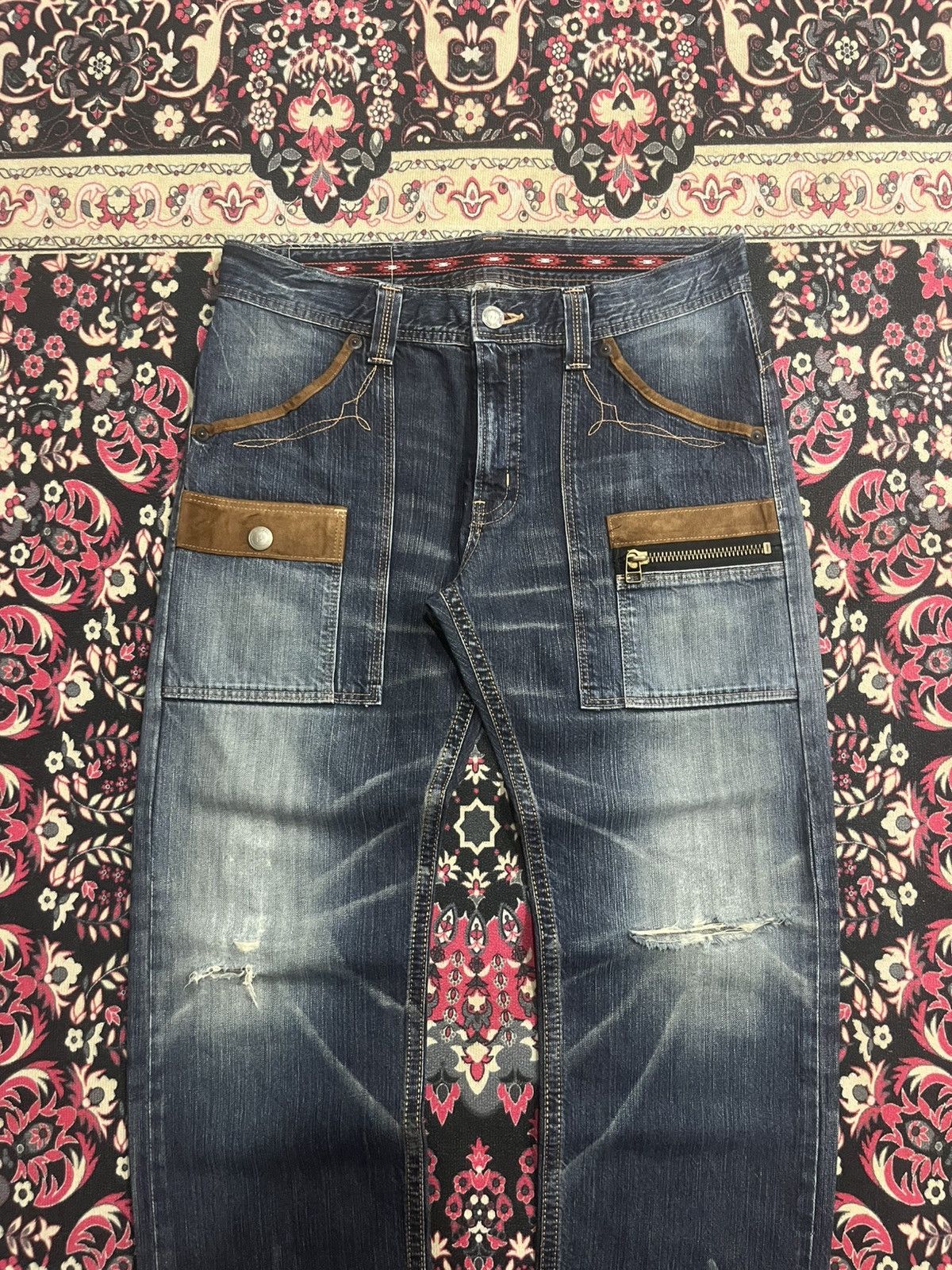 Who Decides War Vintage Edwin XV Double Pocket Blue Washed Whisker Rip Jeans Size US 34 / EU 50 - 3 Thumbnail