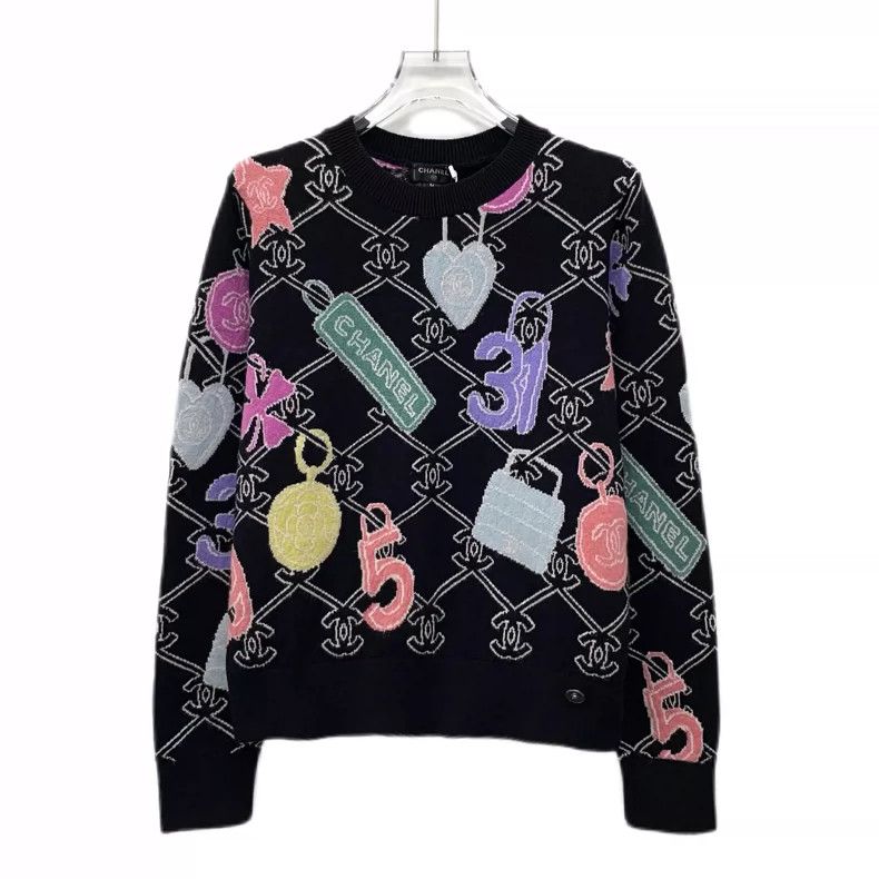Chanel 22 black logo letter inlaid cashmere round-neck lon