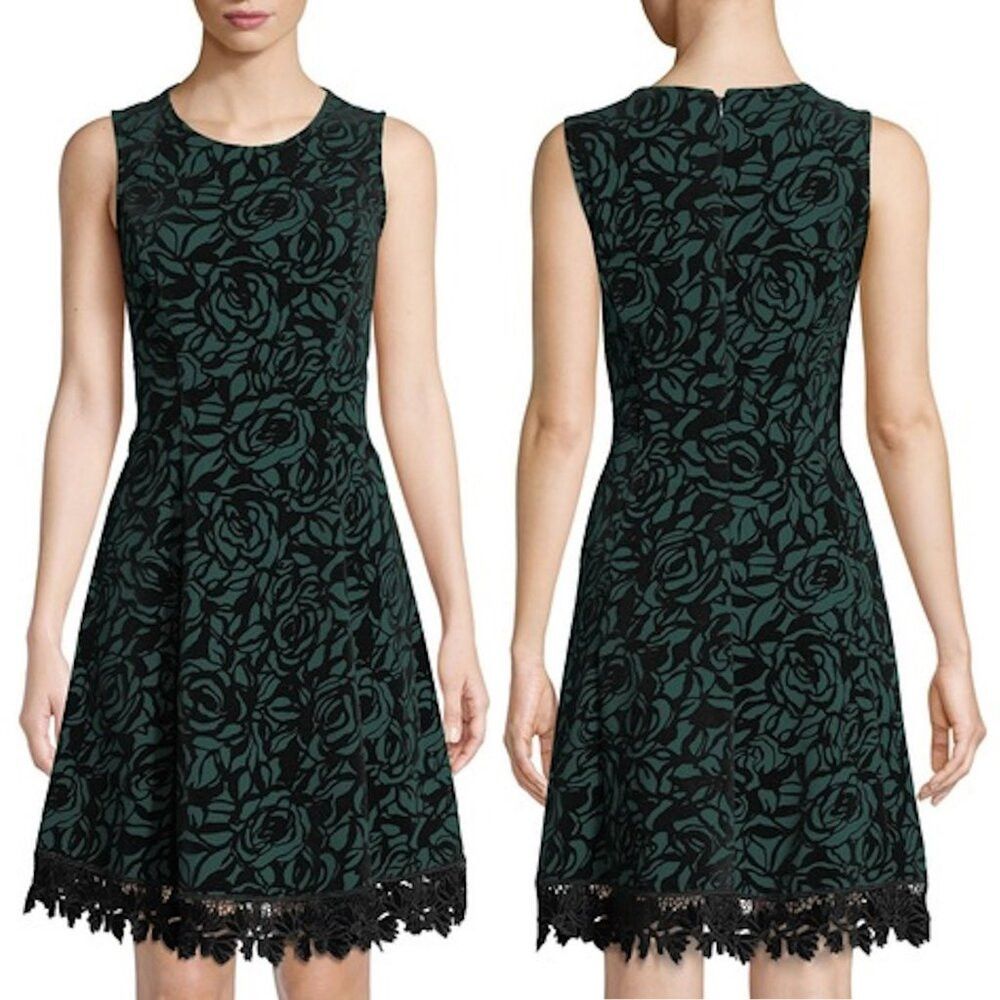 Other Donna Ricco Green Floral Lace - Trimmed Flocked Scuba Dress Size XL / US 12-14 / IT 48-50 - 2 Thumbnail
