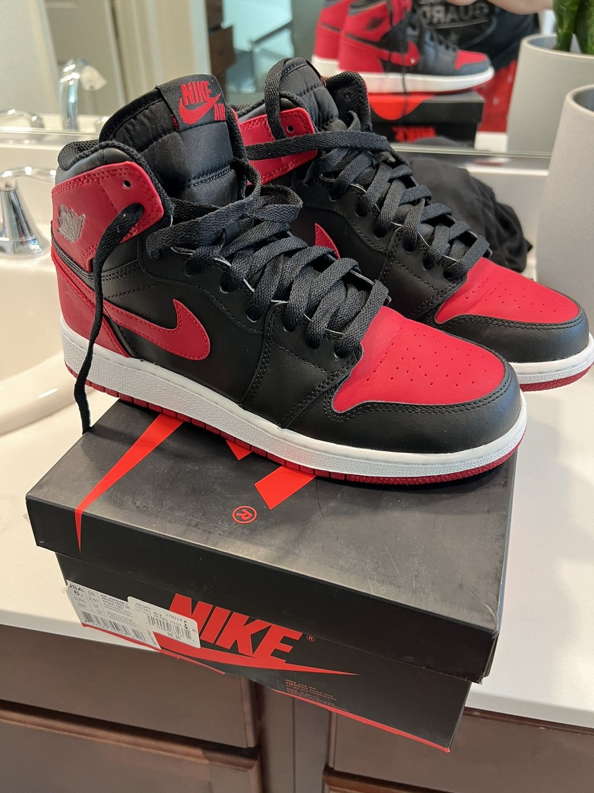 image of Jordan Brand 1 Bred Black Varsity Red Size 6 Worn Once Shoes, Men's