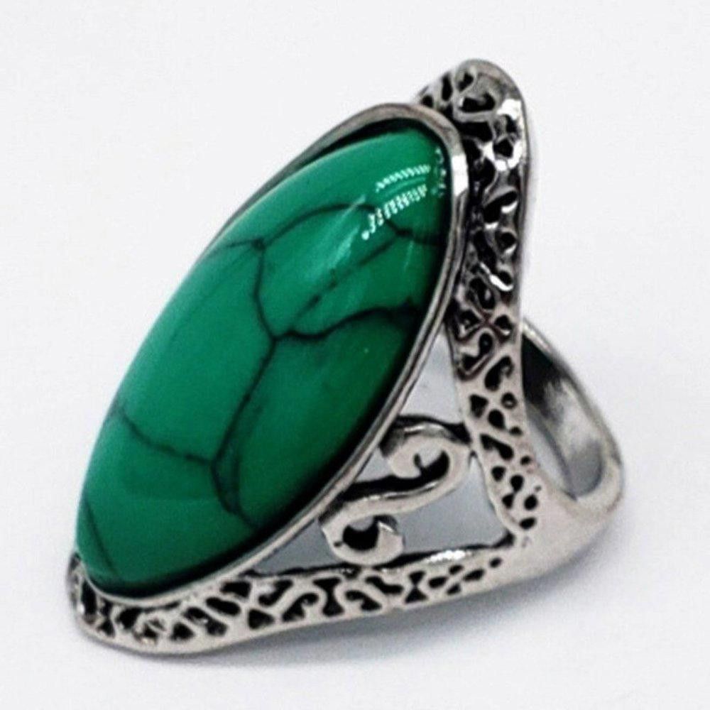 Designer Natural Green 27mm Stone Hollow Antique Silver Ring - Size 7 Size ONE SIZE - 5 Thumbnail