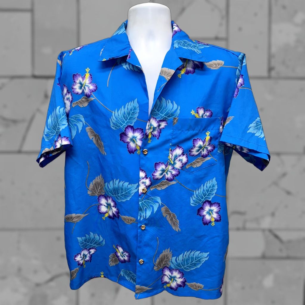 Vintage Maui-Nui Shirt Hawaiian Floral Blue/Purple Regular L Mens Button-Up Collared Short Sleeve Polyester USA Made Size US L / EU 52-54 / 3 - 1 Thumbnail