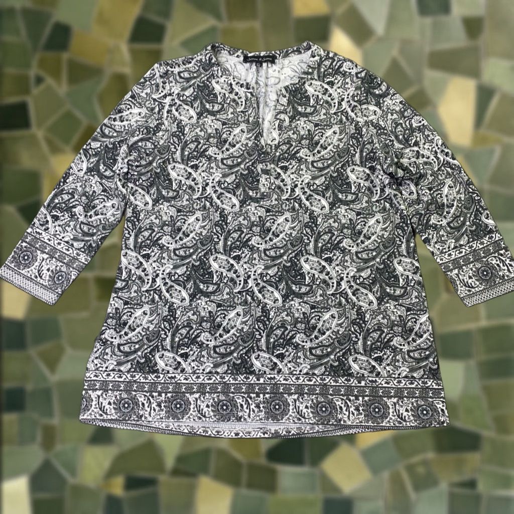Vintage Jasmine & Juliana Womens Blouse Shirt V-Neck 3/4 Sleeve Black Paisley Stretch L Regular Size L / US 10 / IT 46 - 1 Thumbnail