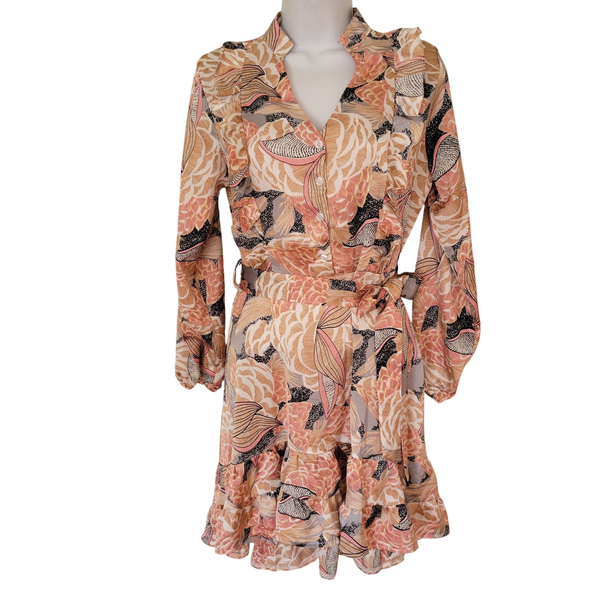 Vintage Sonja Morgan Ruffle Flounce Dress S Long Sleeve Beige Pink F Size S / US 4 / IT 40 - 1 Thumbnail