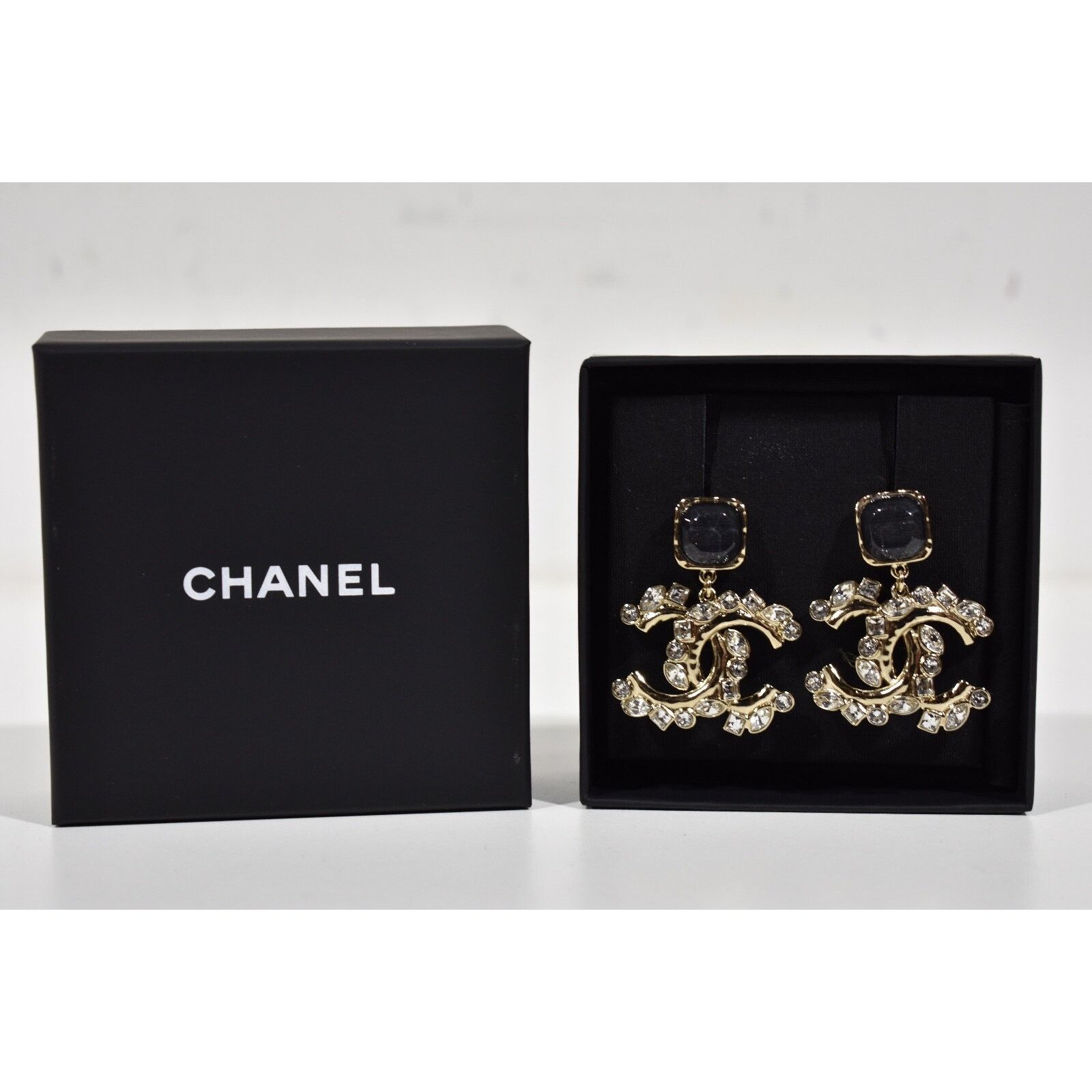 Chanel Chanel Gold Crystal Black XL Statement Stud Drop Earrings Size ONE SIZE - 2 Thumbnail