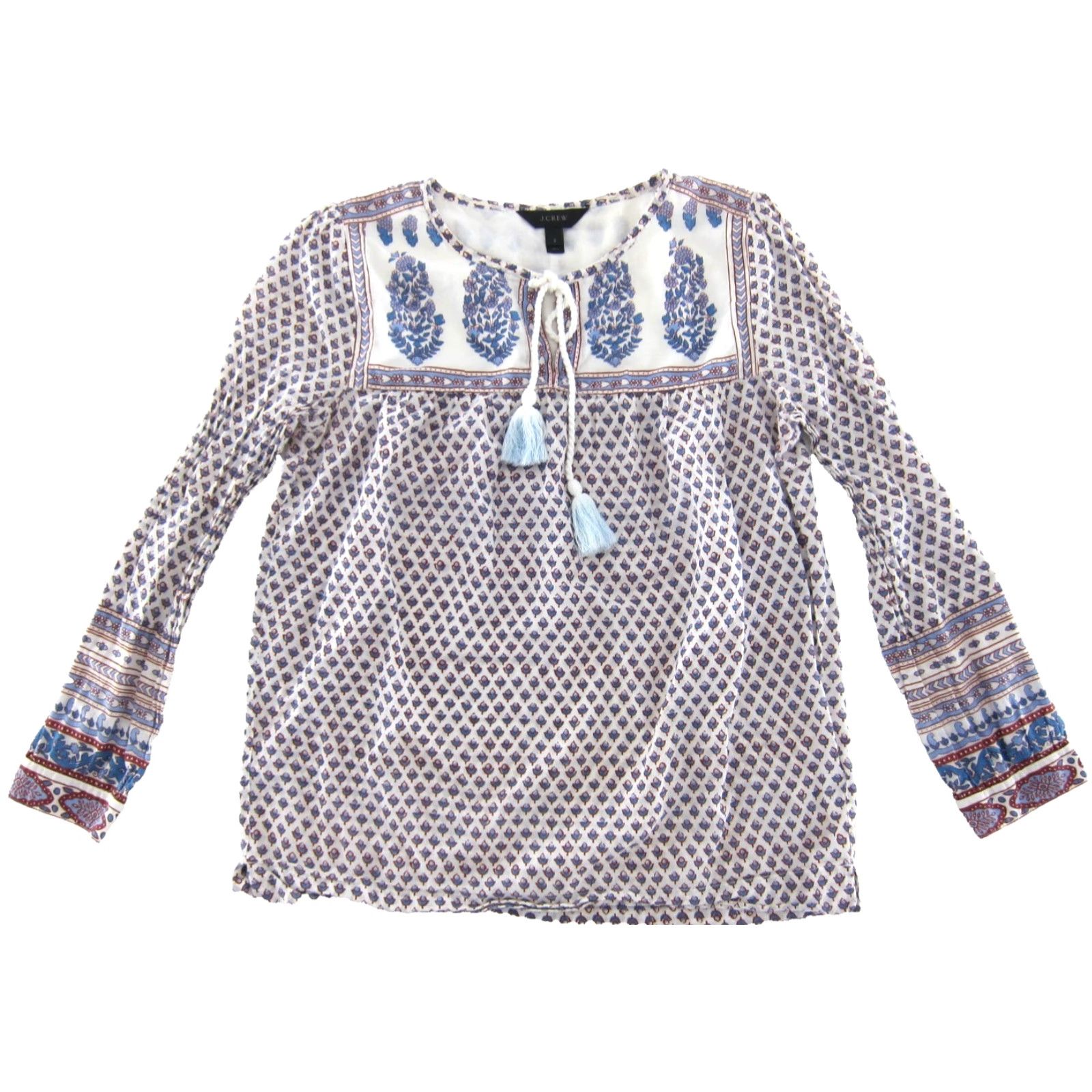 J.Crew J.Crew Blouse Tunic 100% Cotton Floral Long Sleeve V-Neck Pullover Women 2 Blue Red White Spring Summer Fall Mens Girls not applicable Size XS / US 0-2 / IT 36-38 - 2 Thumbnail