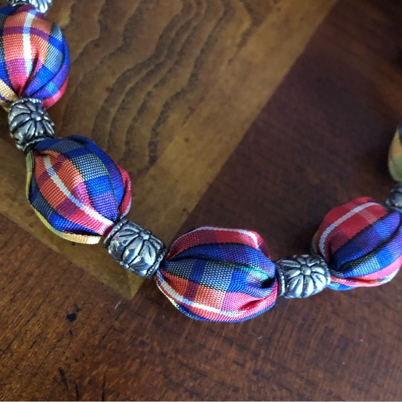 Handmade Country Girl red yellow & blue plaid fabric bead necklace Size ONE SIZE - 8 Thumbnail