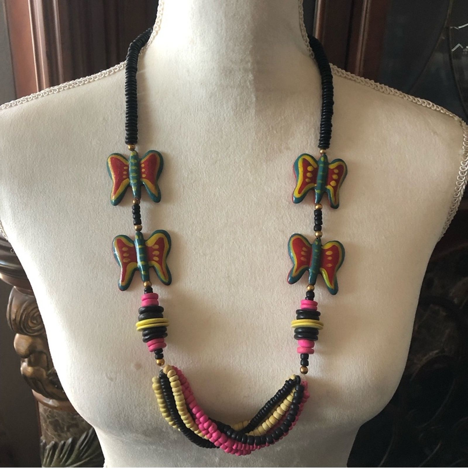 Vintage Vintage boho handmade painted wood bead necklace Size ONE SIZE - 2 Thumbnail
