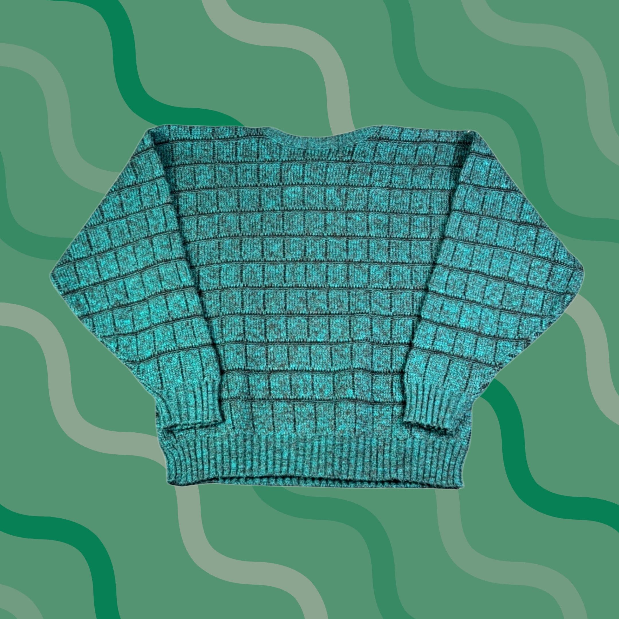 Altea VINTAGE TODAYS NEWS Teal Black Cable Knit Crewneck Sweater Mens L Acrylic Geometric 90s Baggy Crew Neck Mens L Green Size US L / EU 52-54 / 3 - 1 Thumbnail