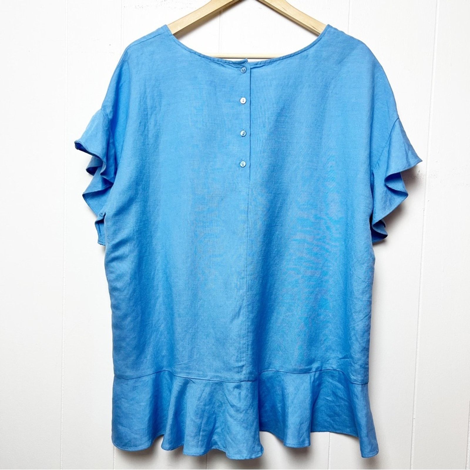 Lord & Taylor Blue Linen Blend Ruffle Sleeve Popover Blouse Size L Size L / US 10 / IT 46 - 4 Thumbnail
