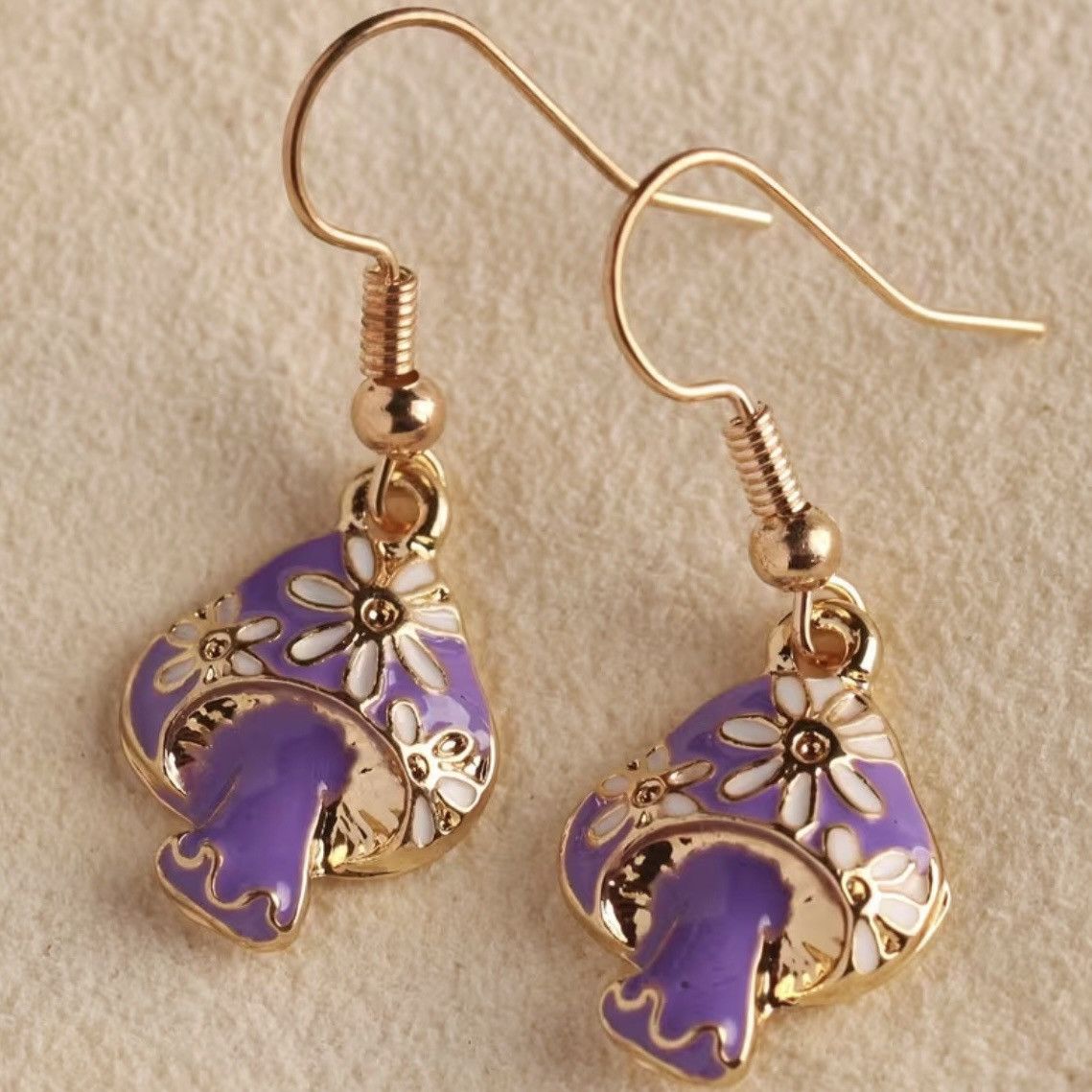 Other Gold Tone Purple Enamel Mushroom Floral Cute Dangle Earrings Size ONE SIZE - 2 Thumbnail