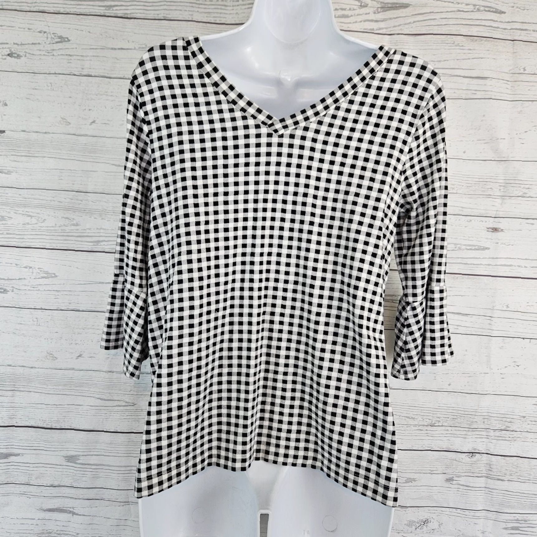 J. Jill J Jill Women’s Top XS Black White Gingham 3/4 Sleeve V-Neck Cotton Blend Blouse Mens? Size XS / US 0-2 / IT 36-38 - 3 Thumbnail