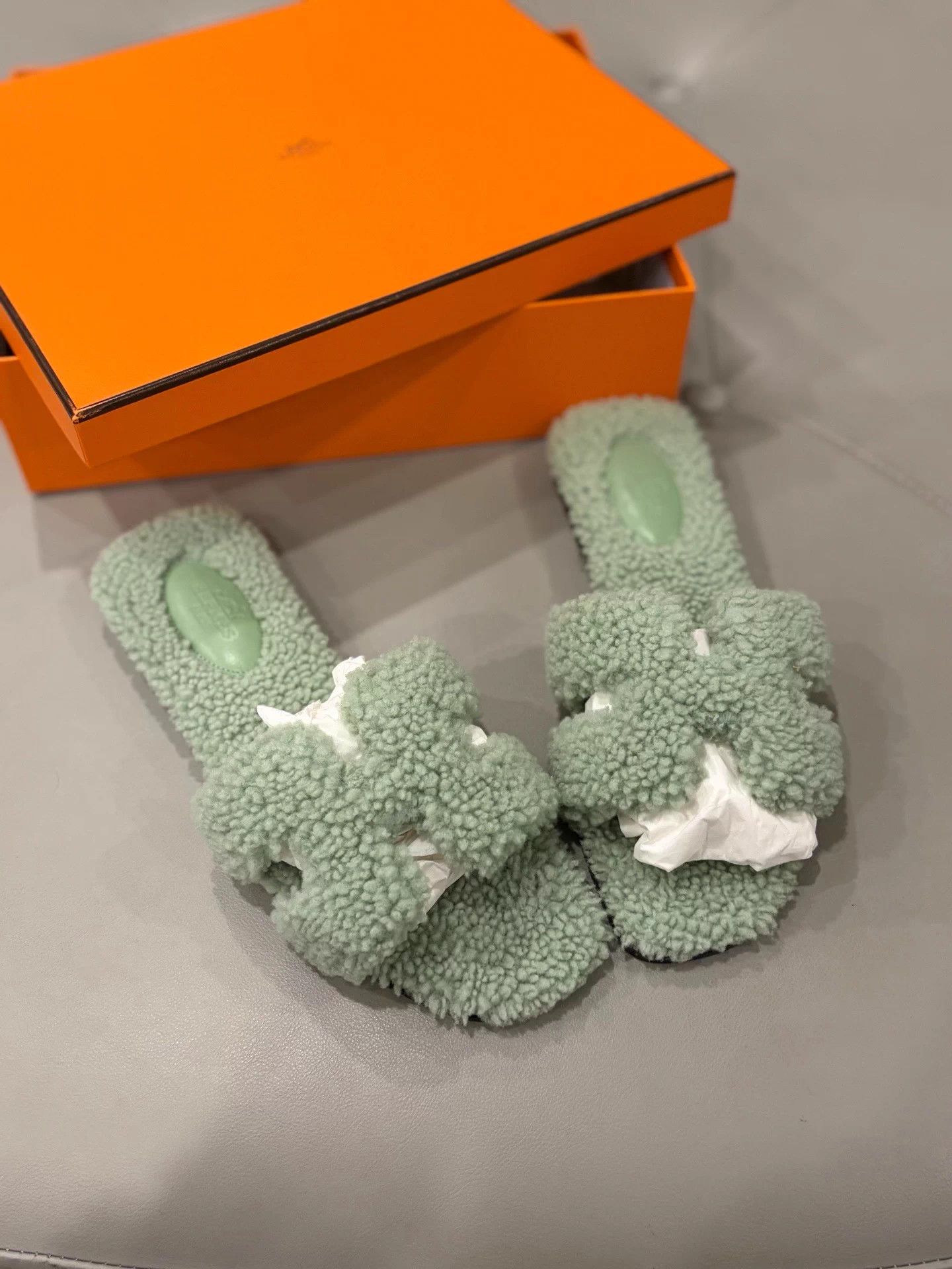 Hermes Hermes Lambskin H Slippers Mint Green 37.5 (37) Size US 6.5 / IT 36.5 - 1 Thumbnail