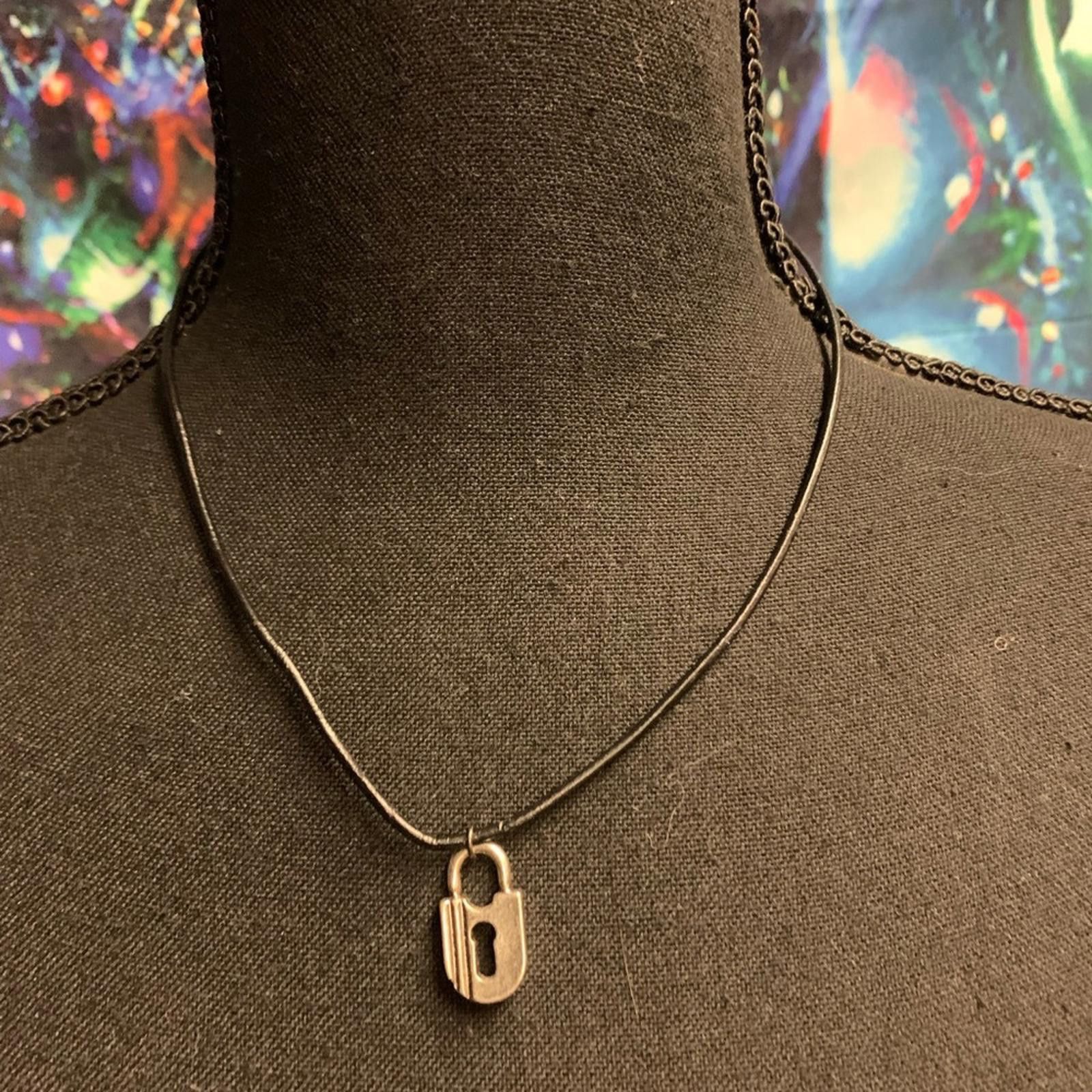 Designer Chic Black Necklace with Silver Padlock Pendant Size ONE SIZE - 1 Thumbnail