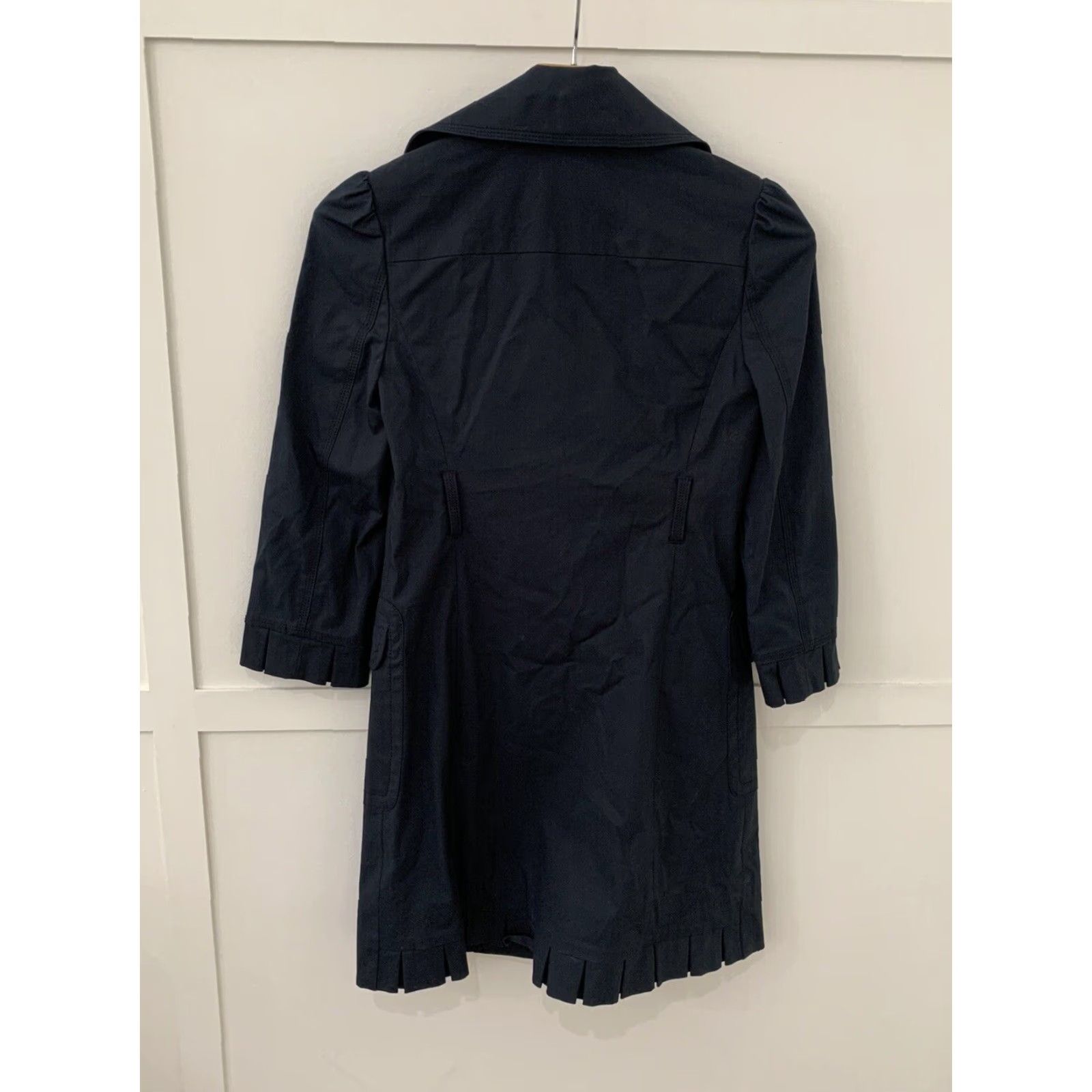 Juicy Couture Womens Juicy Couture Trench Coat Jacket Navy Petite Gold Buttons Beltless PP Blue Men’s Military Ruffle Trim Size XXS / US 00 / IT 34 - 2 Thumbnail