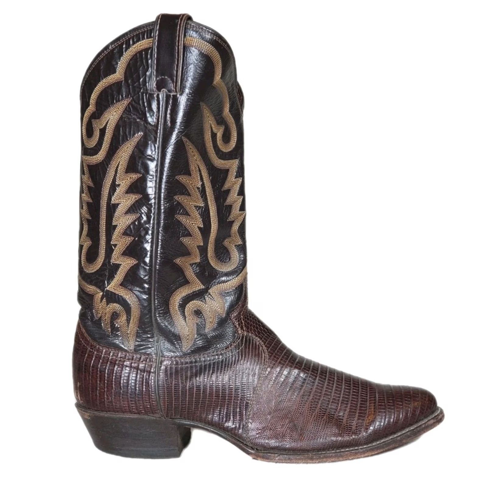 Justin Boots Justin Boots Western Cowboy Boots 8308 Men US 11 D Dark Brown Teju Lizard Leather Mid-Calf Shaft Embroidered 1.75" Heel Leather Lining Leather Outsole Size US 11 / EU 44 - 2 Thumbnail
