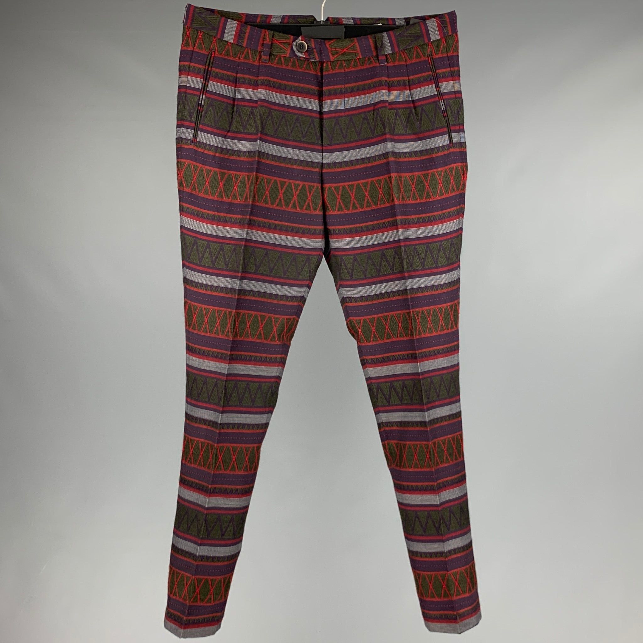 image of Msgm Purple Green Jacquard Polyester Blend Pleated Dress Pants, Men's (Size 32)