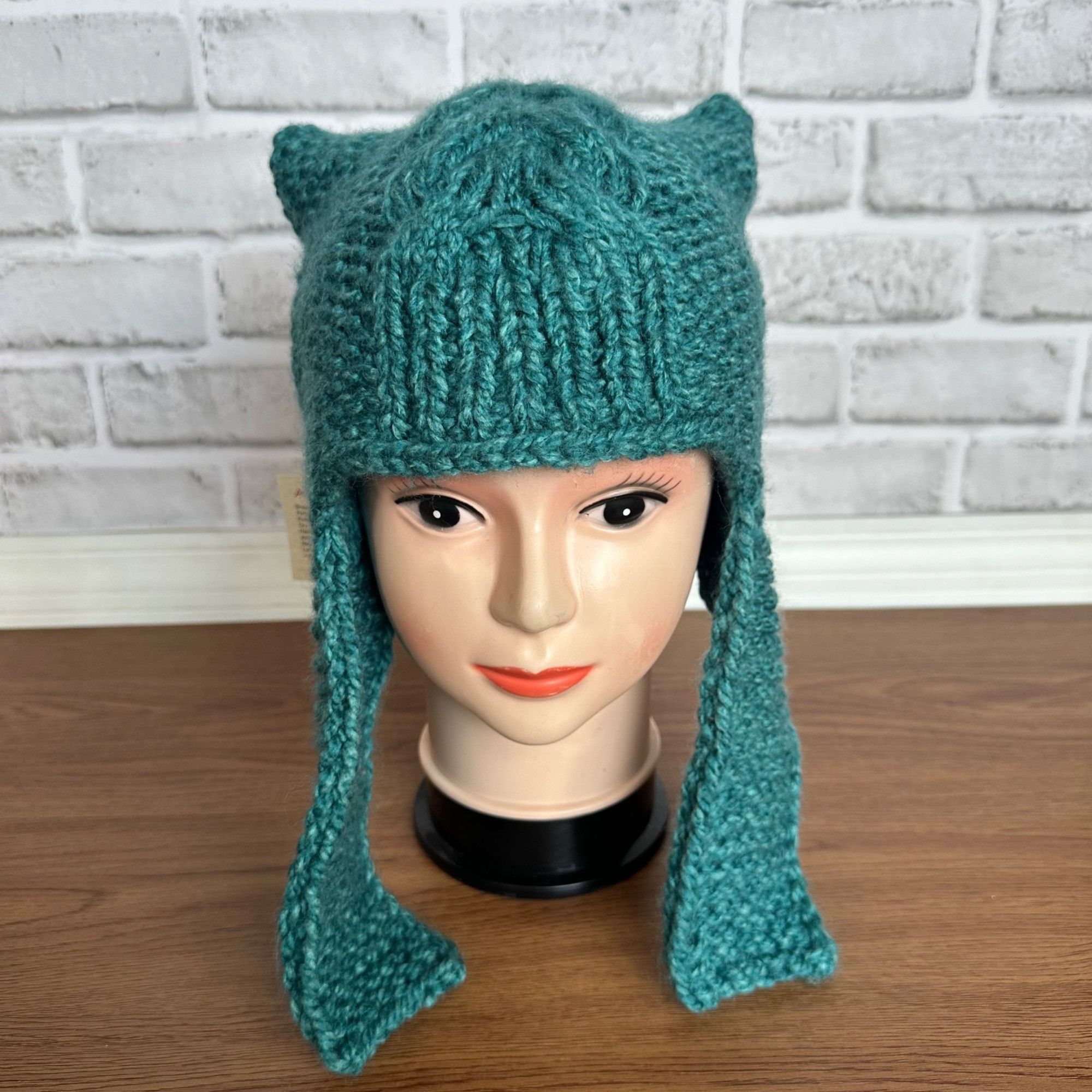 Other ⭐Silky Hand-Knit Teal Blue Cat Ear Earflap Winter Beanie Hat Size ONE SIZE - 2 Thumbnail