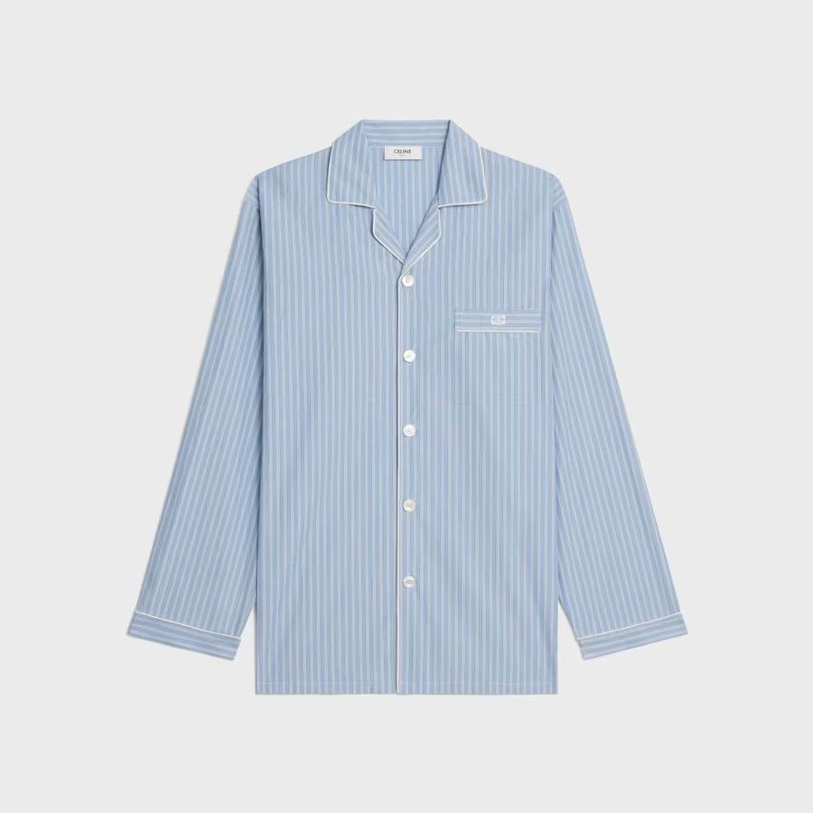 Celine o1loc1c0525 Pajama Shirt In Striped Cotton in Blue Size US XL / EU 56 / 4 - 1 Thumbnail