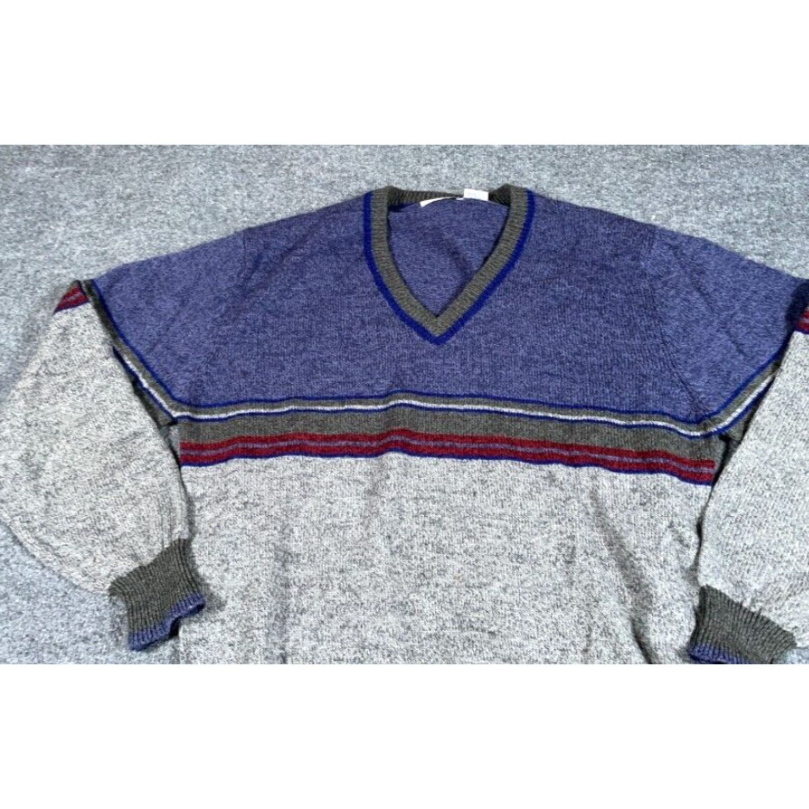 Vintage VINTAGE Sweater Main Point: Preppy Striped V-Neck Adult XL Tall Gray Blue Wool Acrylic Pullover 90s Classic Hipster Retro Preppy Mens XL Tall Size US XL / EU 56 / 4 - 7 Thumbnail
