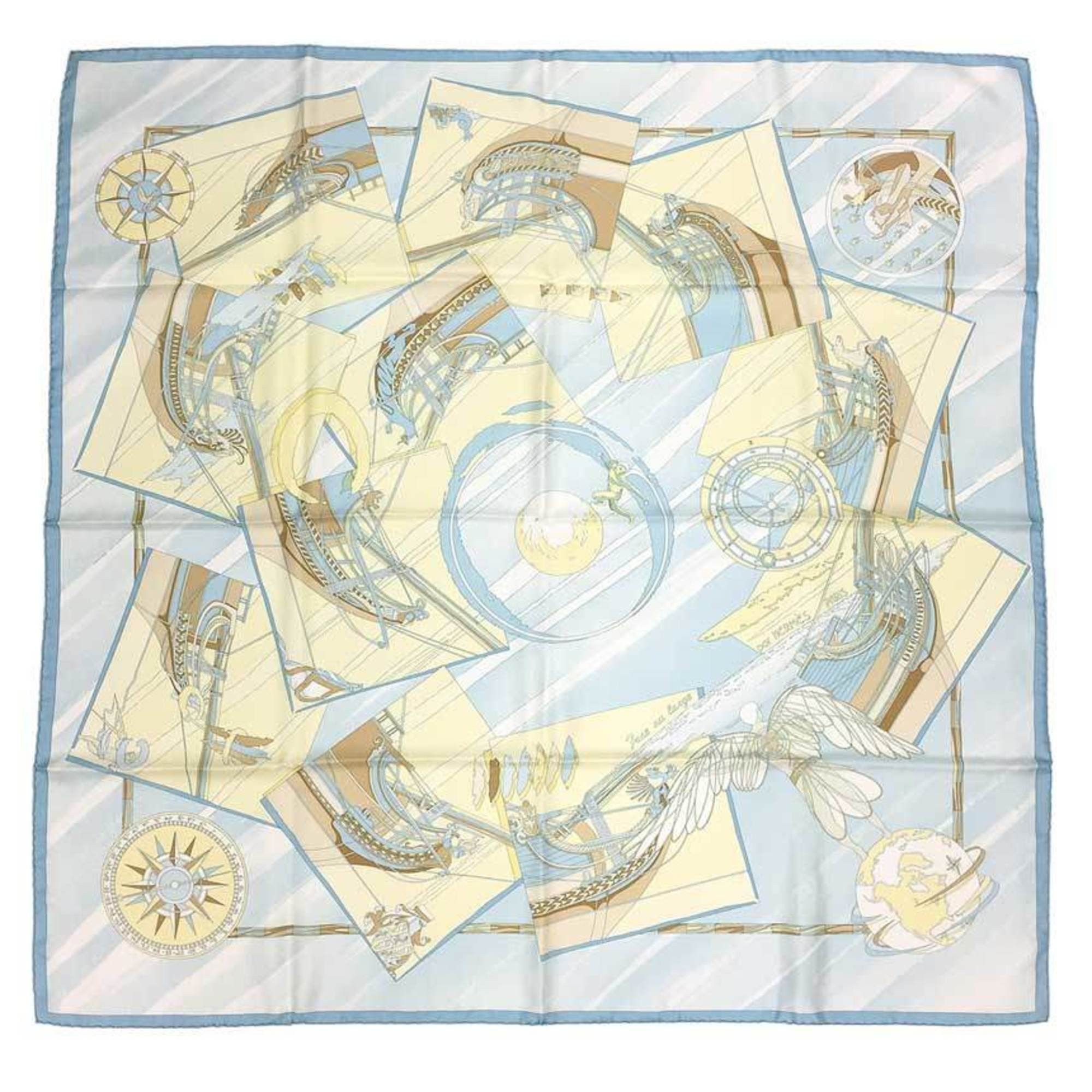 image of Hermes Scarf Muffler Carre 90 Face Au Large Offshore Light Blue 100% Silk Aq7377, Women's
