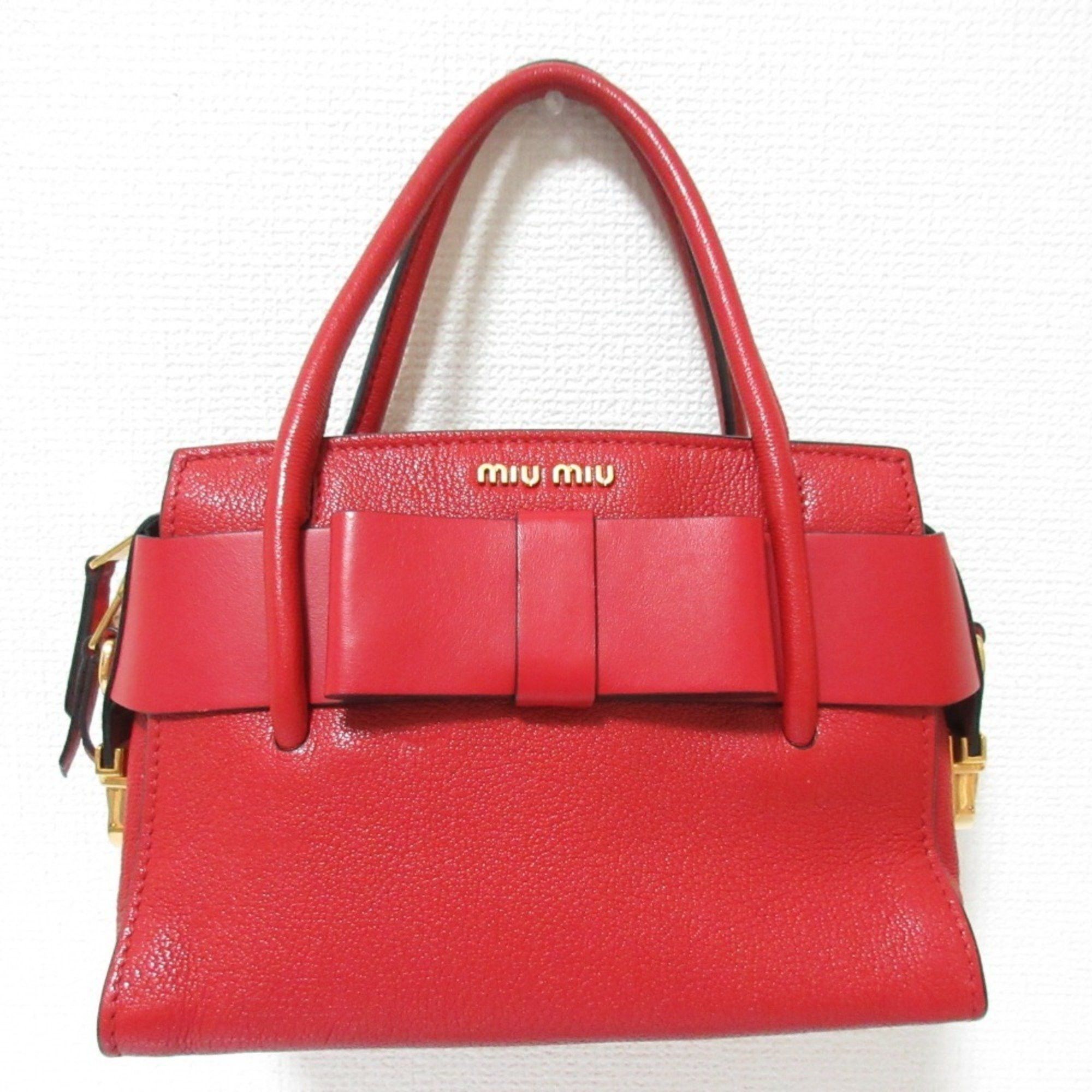 MiuMiu Miu Madras Fiocco Leather 2Way Handbag Shoulder Bag Red Women's