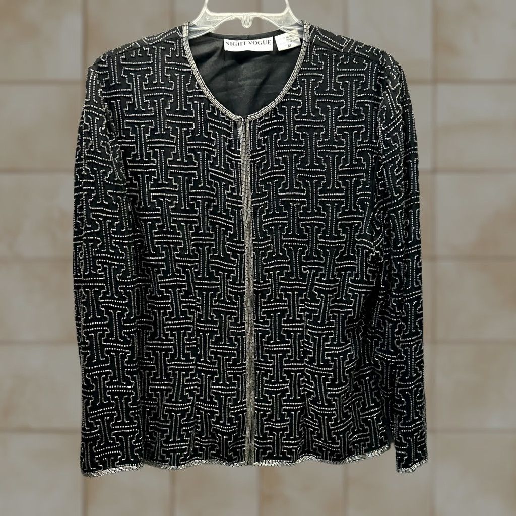 Vogue VINTAGE Night Vogue Shirt Womens Medium Black Silver Sequins Silk Size M / US 6-8 / IT 42-44 - 1 Thumbnail