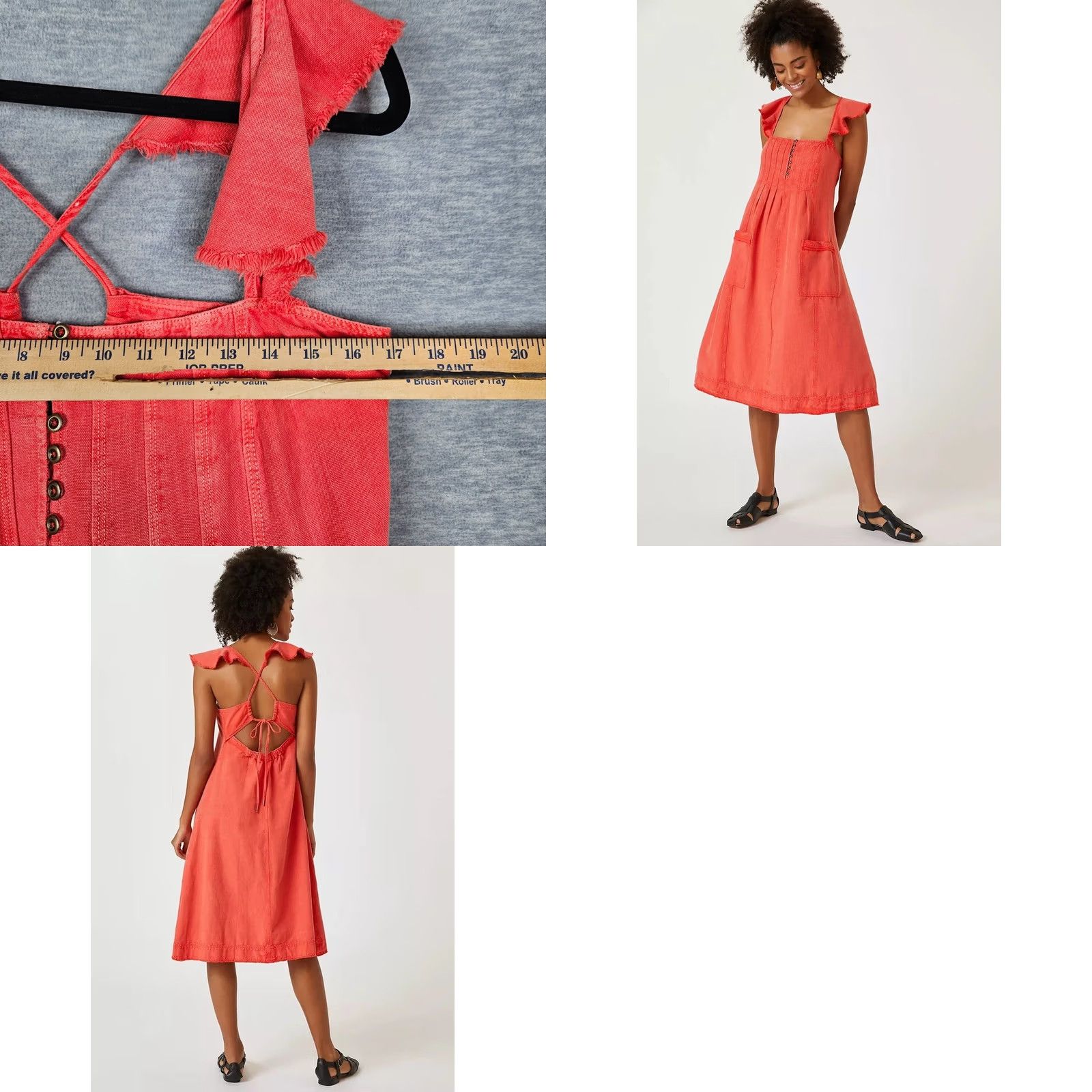 Anthropologie Anthropologie Pilcro Denim Linen Blend Midi Dress Flutter Sleeve Red Motif Solid Size M Women Vest/Bohemian A-Line Dress Size M / US 6-8 / IT 42-44 - 9 Thumbnail