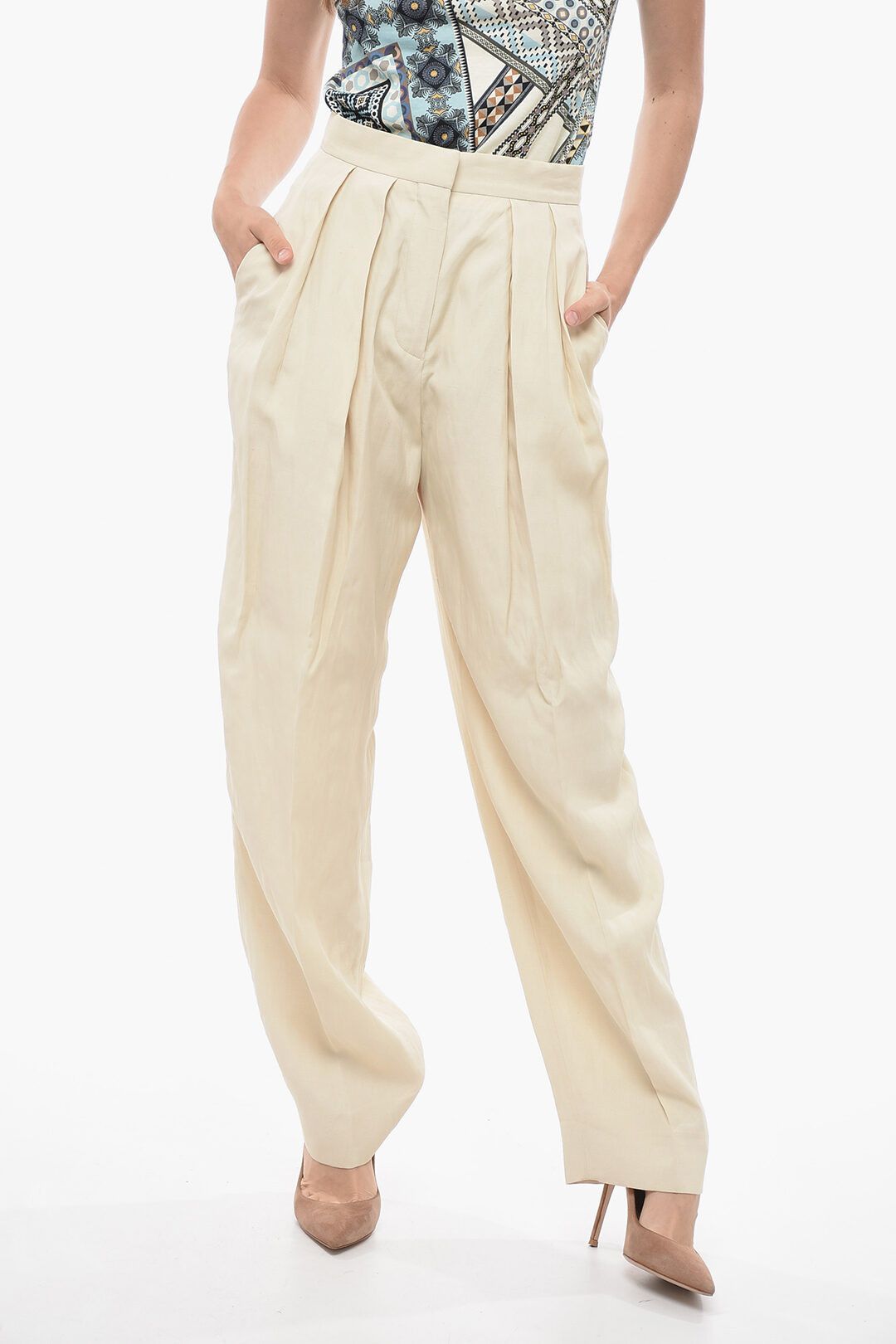 Stella McCartney og1mm0824 Double-Pleated Flax Blend Palazzo Pant in Ivory Size 27" / US 4 / IT 40 - 1 Thumbnail