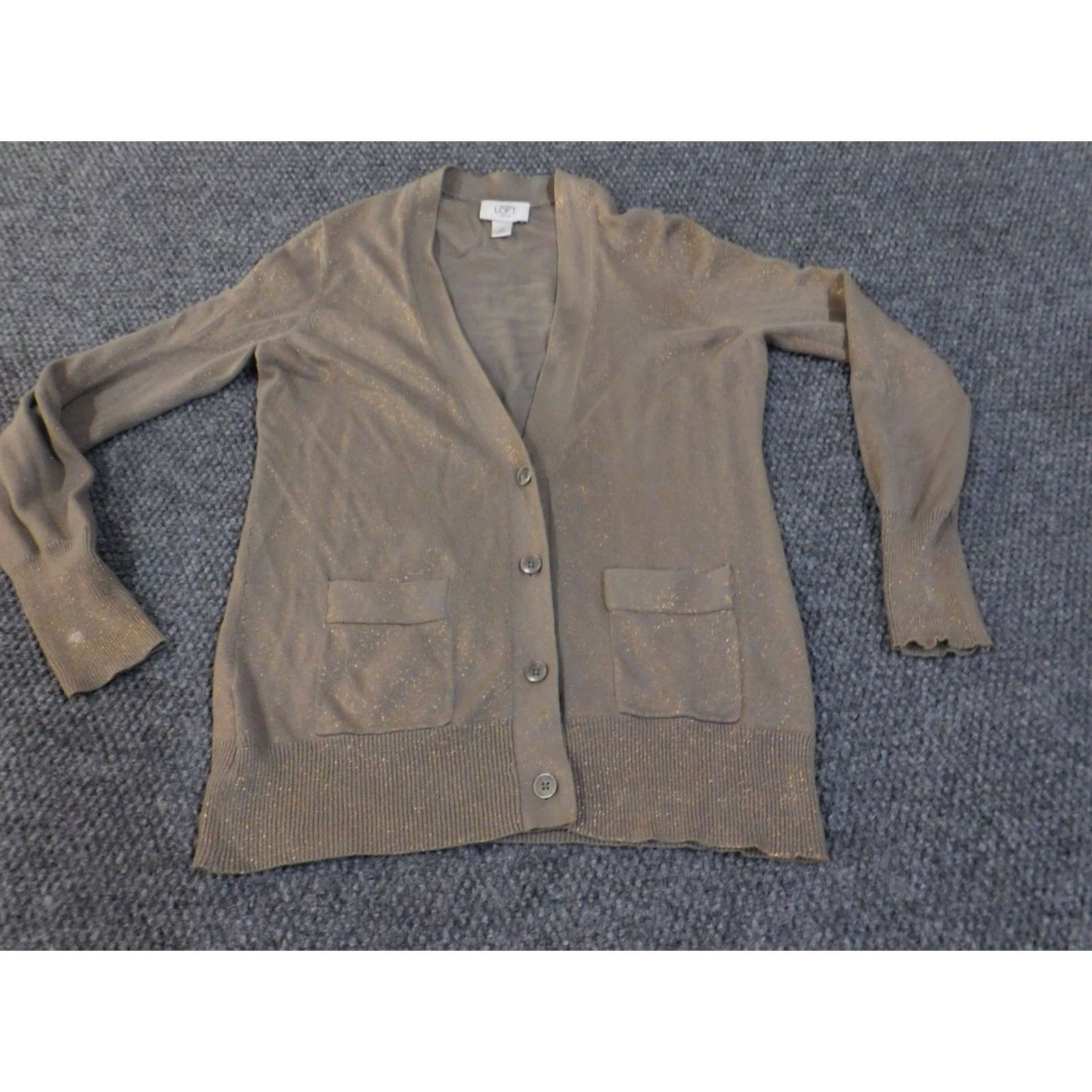 Ann Taylor Ann Taylor LOFT Cardigan Sweater Womens Small Petite Brown Gold Metallic Pockets Knit V-Neck Lightweight Shimmer Size S / US 4 / IT 40 - 5 Thumbnail
