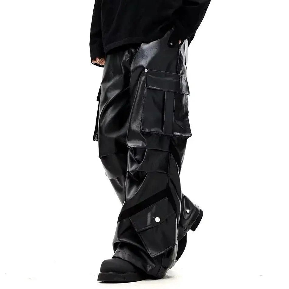 Japanese Brand Black Baggy Cargo PU Leather Jeans Size US 32 / EU 48 - 4 Thumbnail