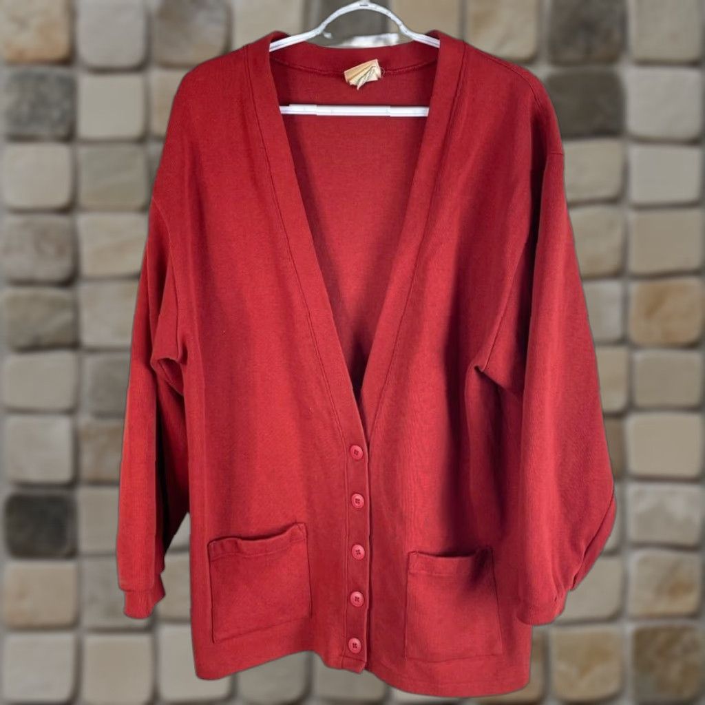 VINTAGE L.L. Bean Cardigan Sweater Mens L Red Cotton Pockets Knit V-Neck 30