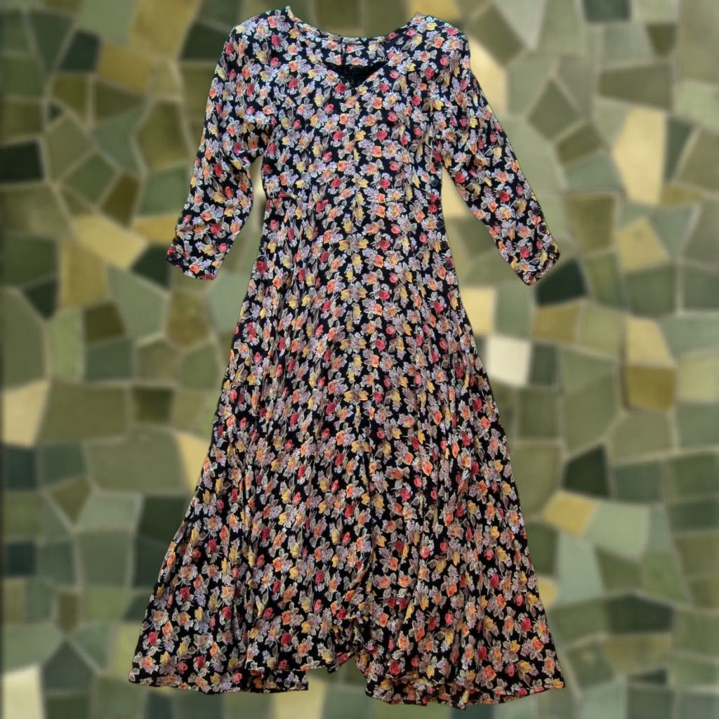 Vintage VTG 90's Rayon Pink Black Yellow Rose Floral 3/4 Sleeve Midi Prairie Dress S-M Dress Size S / US 4 / IT 40 - 1 Thumbnail