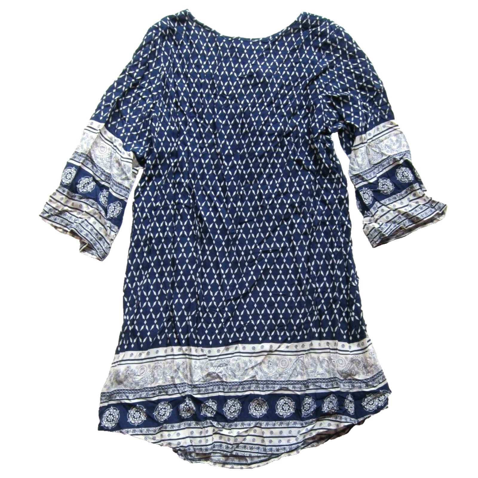 Vintage Papillon Blue White Floral 3/4 Sleeve V-Neck Tunic Shift Dress Medium Rayon 100% Womens Dress Floral Pattern Knee Length Size M / US 6-8 / IT 42-44 - 2 Thumbnail