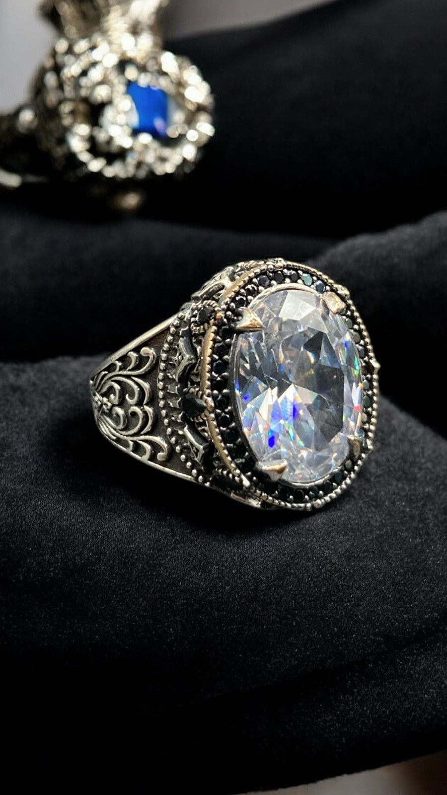 Vintage Silver Signet Ring with Precious Gemstone Size 26 - 1 Thumbnail