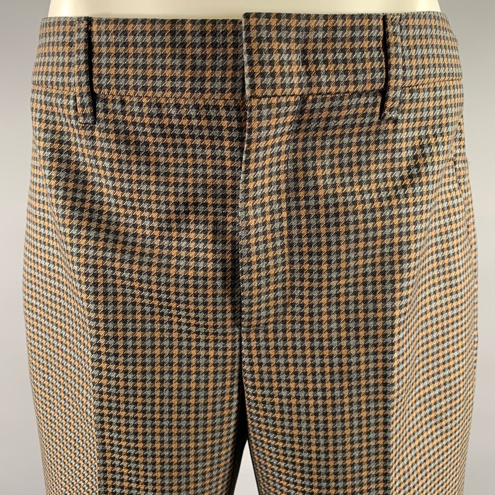 Prada PRADA Size 2 Grey Tan Wool Blend Houndstooth Pants Size US 29 - 2 Thumbnail