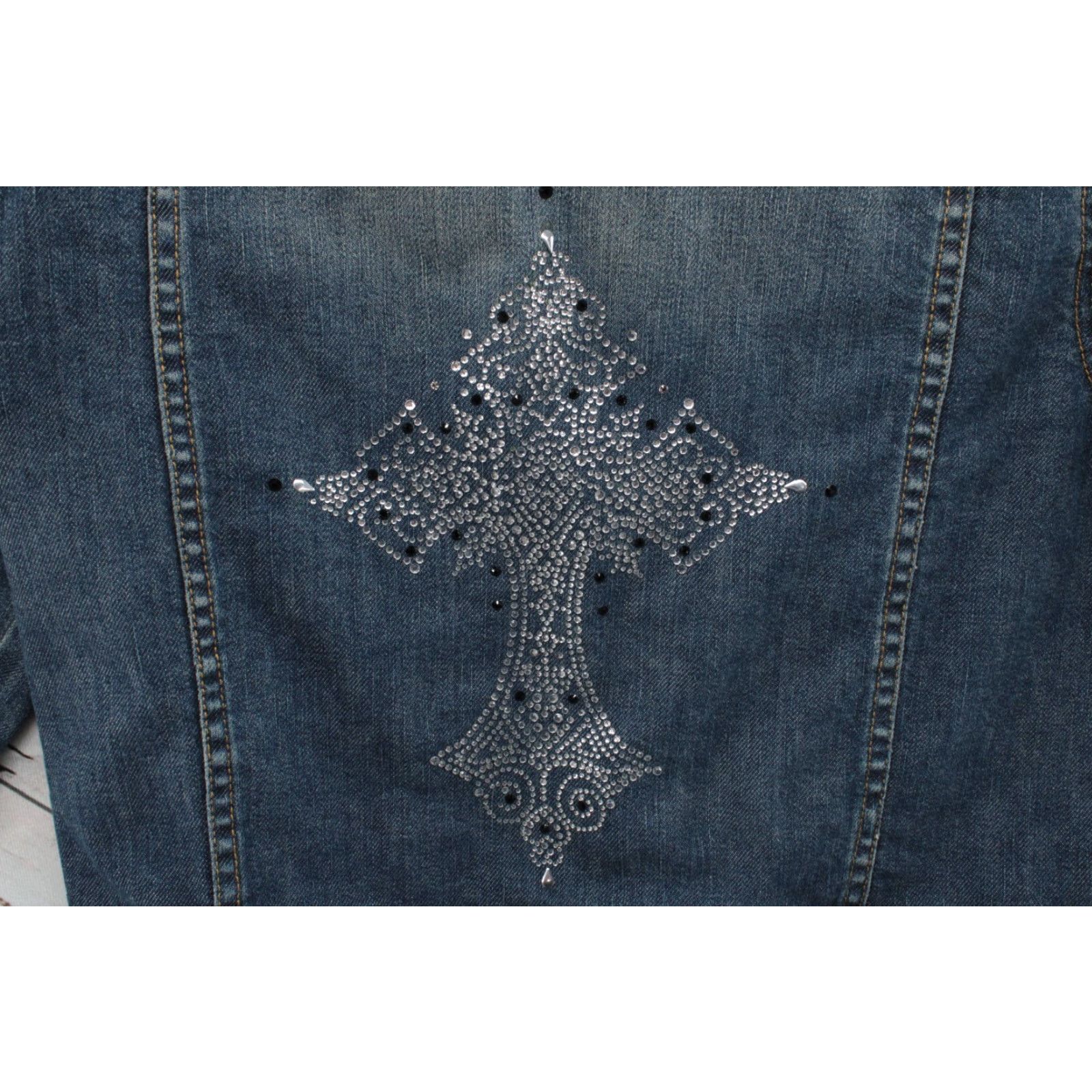 Vintage Harolds Denim Trucker Jacket Womens Medium Rhinestone Studded Cross Cropped Size M / US 6-8 / IT 42-44 - 6 Thumbnail